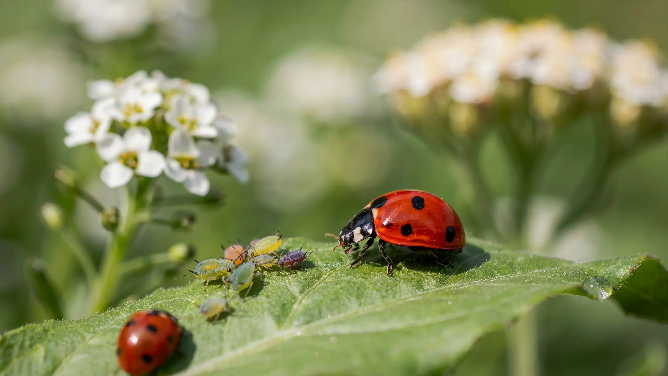 A red ladybug hunting a cluster of green aphids on a leaf, demonstrating natural biological pest control for gardens.