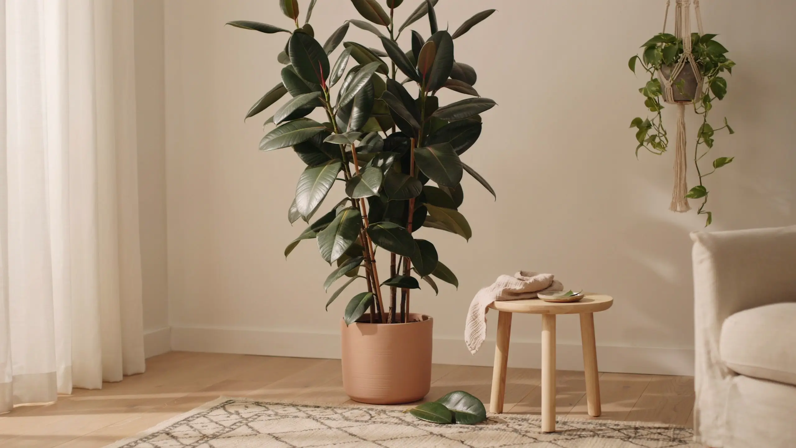 Large potted Rubber Plant (Ficus elastica) with glossy dark green leaves and reddish stems in a terracotta pot, styled in a bright minimalist living room.