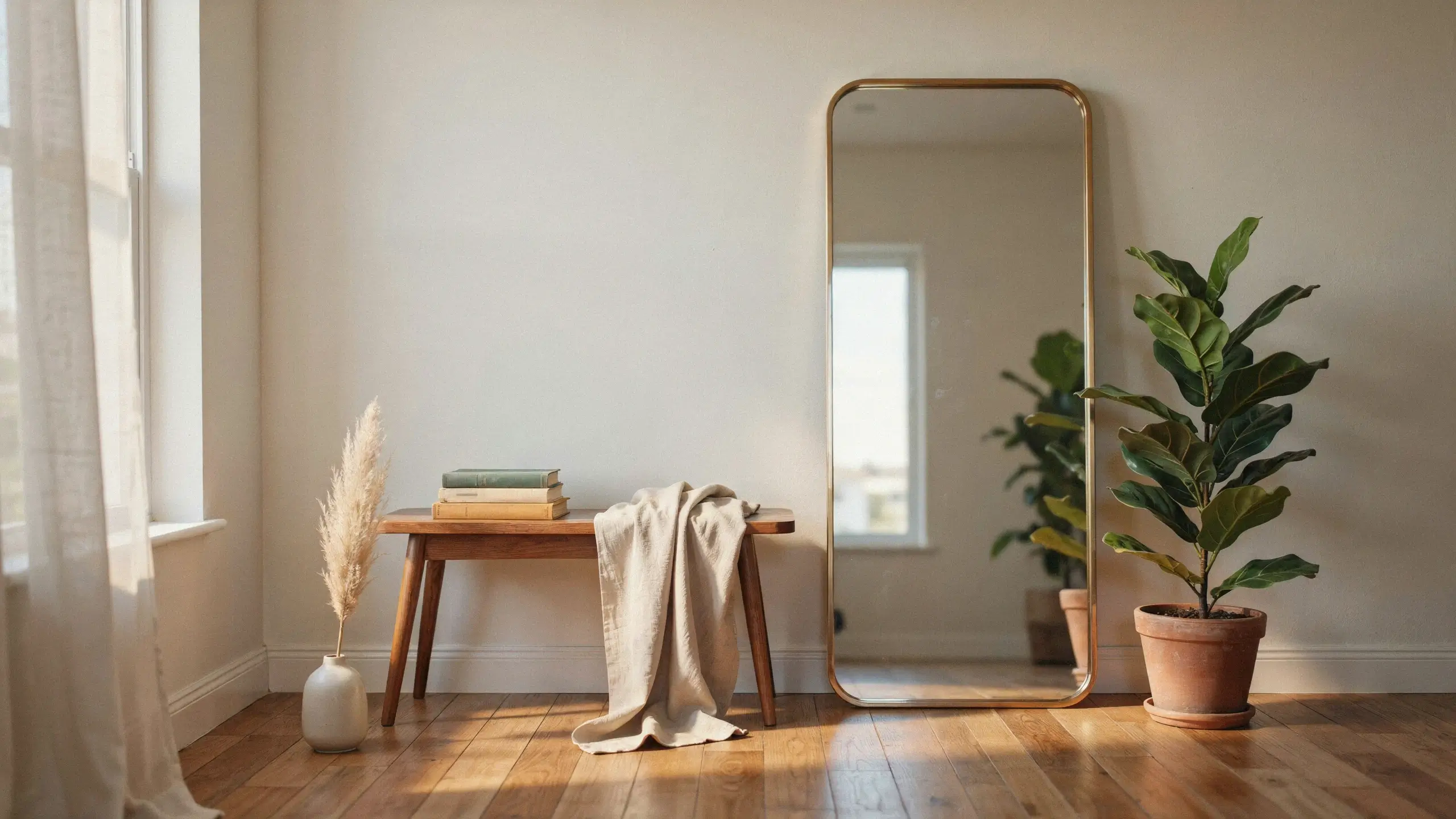 Large gold-framed, rounded-corner leaning floor mirror reflecting a bright window, positioned next to a wooden entryway bench with a beige throw blanket and a potted fiddle leaf fig in a minimalist, sunlit living room.