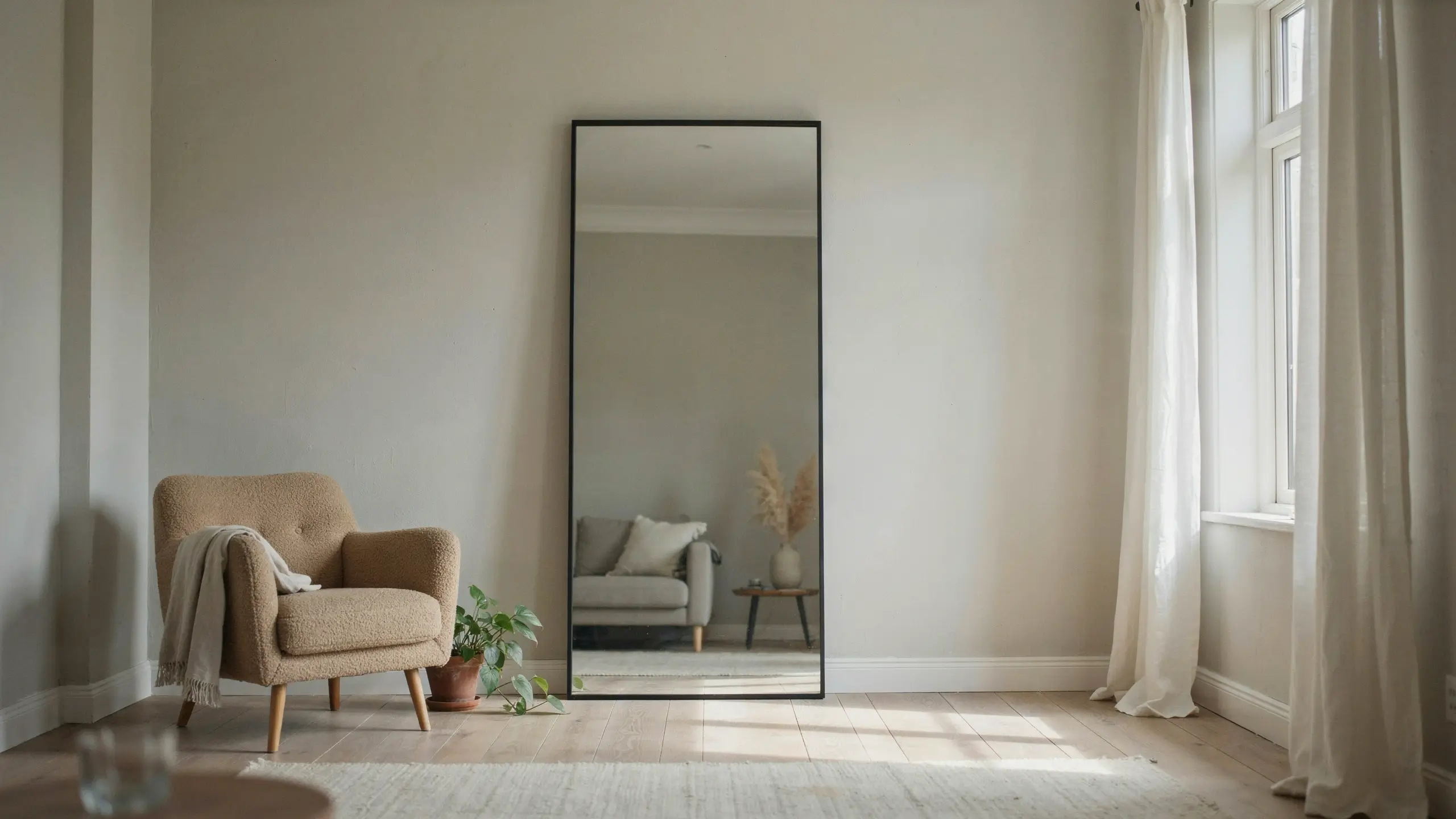 Scandinavian minimalist living room featuring a beige boucle armchair with a throw blanket next to a large black-framed floor mirror, which reflects a grey sofa and pampas grass.