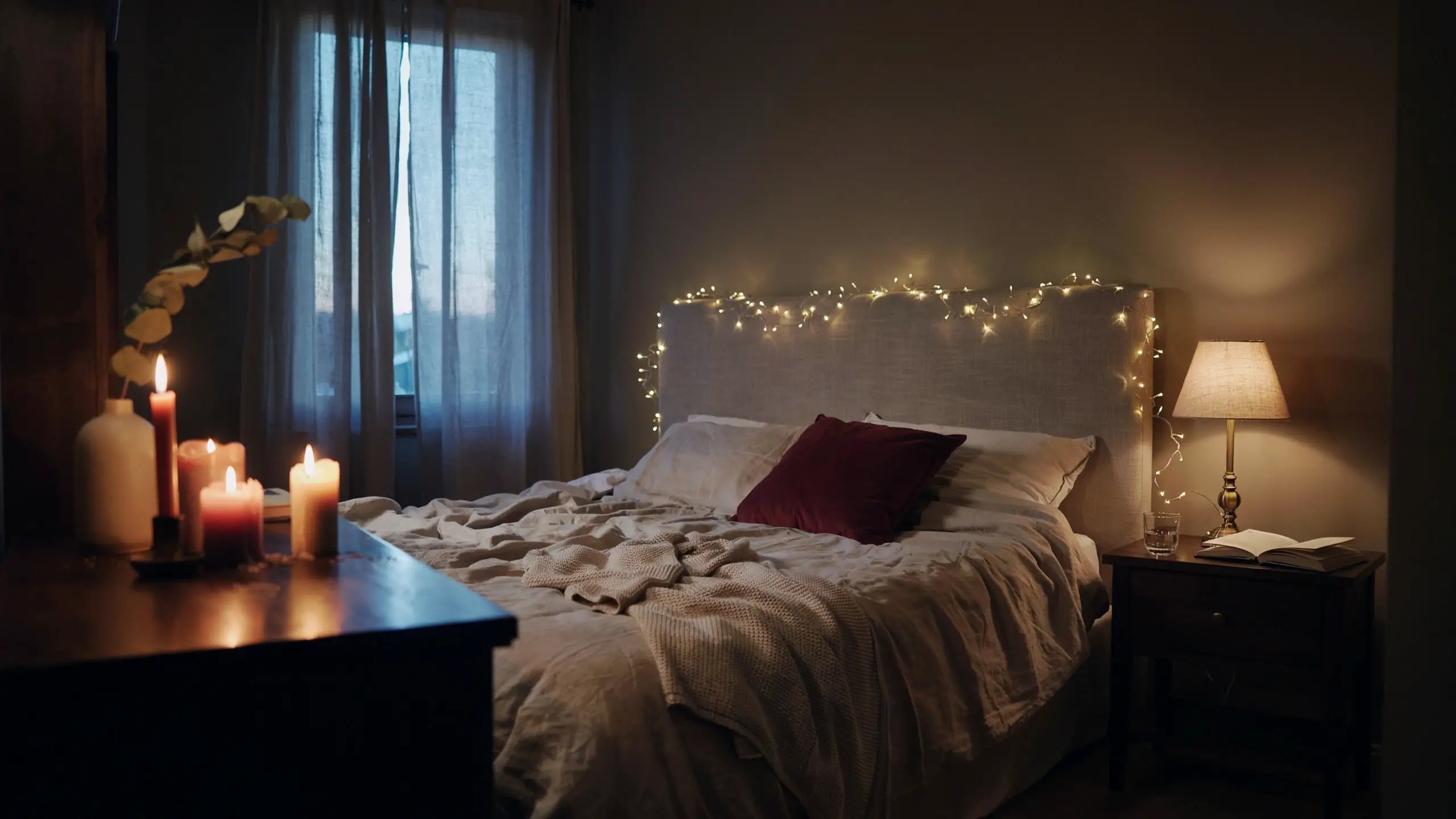 Cozy moody bedroom with layered lighting featuring a linen headboard draped with warm fairy lights, a bedside table lamp with a beige shade, and glowing red and white pillar candles on a dark wooden dresser.