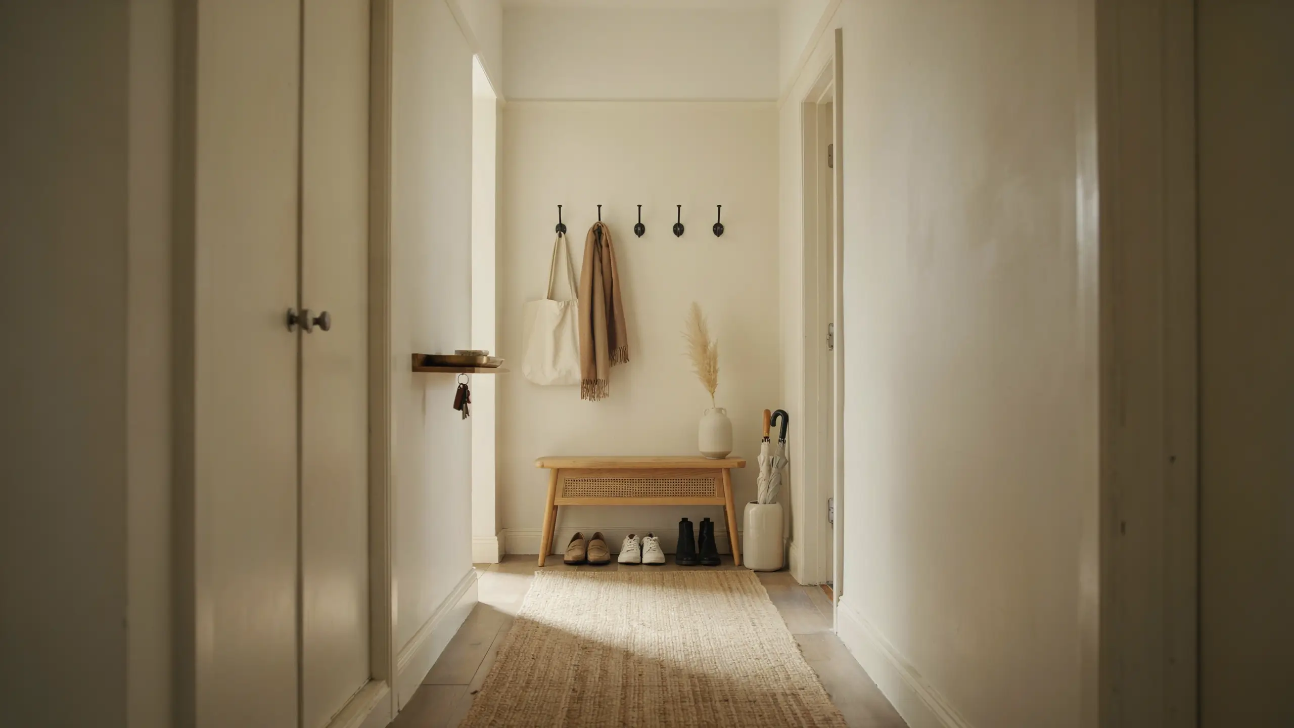 Modern minimalist entryway with layered storage including wooden bench, black wall hooks holding canvas tote bag and scarf, and floating key shelf.