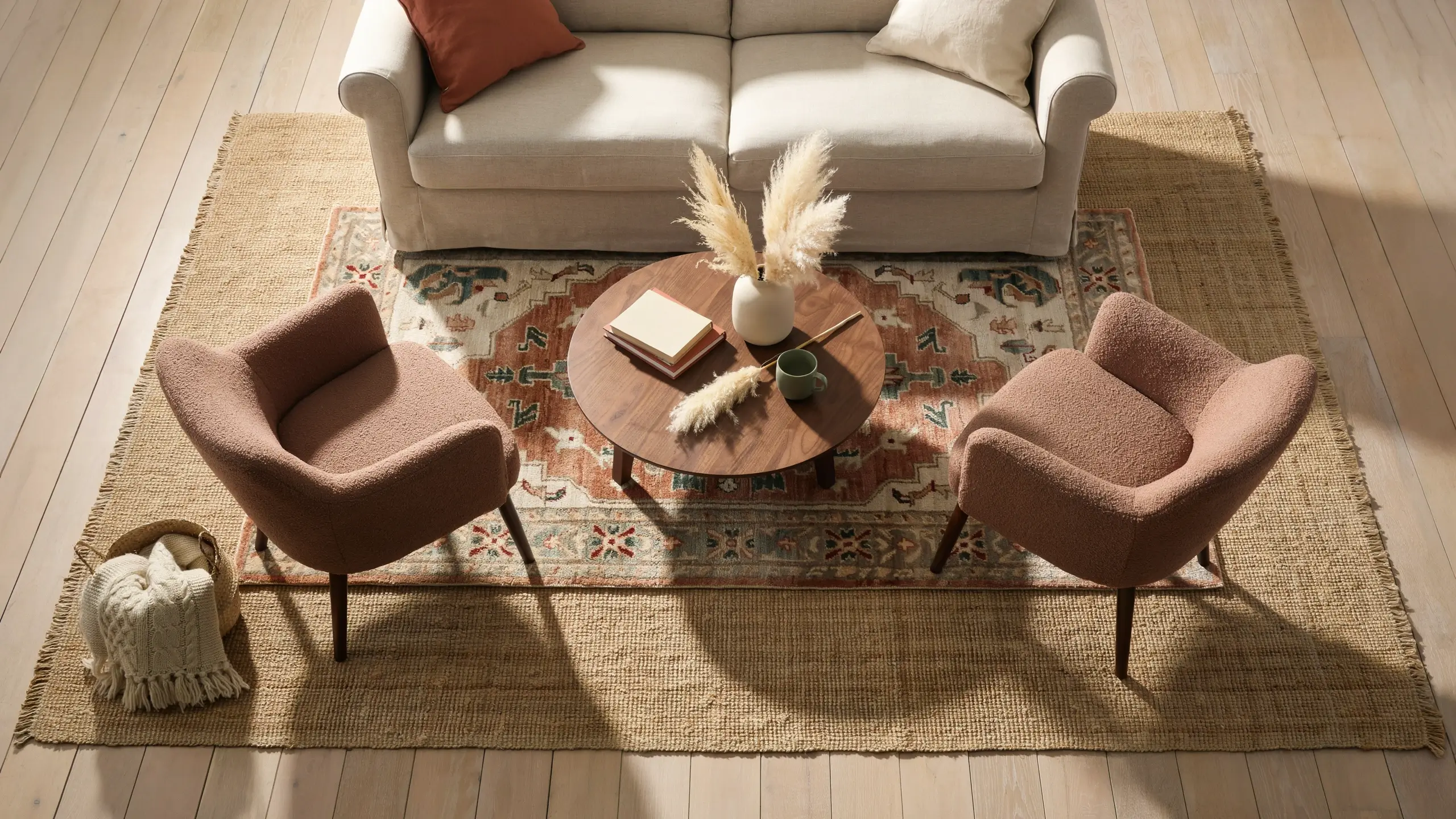 Cozy living room anchored by a large layered jute and patterned area rug, featuring a cream sofa, two textured brown armchairs, and a round wooden coffee table styled with pampas grass and stacked books.
