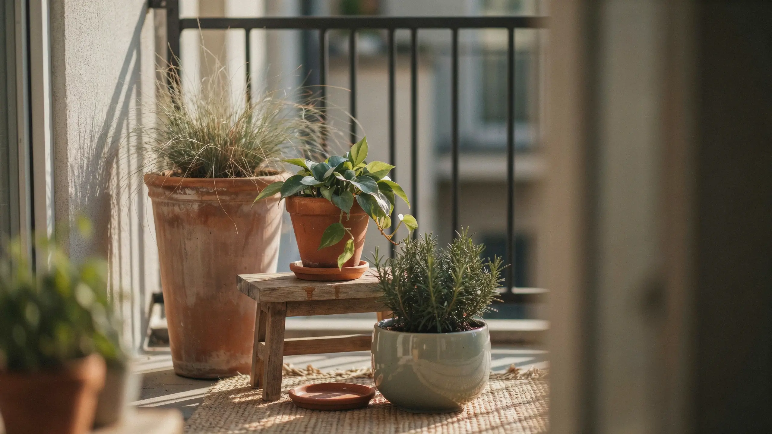 Sunlit balcony garden with layered pot heights: tall terracotta ornamental grass, trailing vine on a wooden stool, and small white rosemary pot on a woven rug.