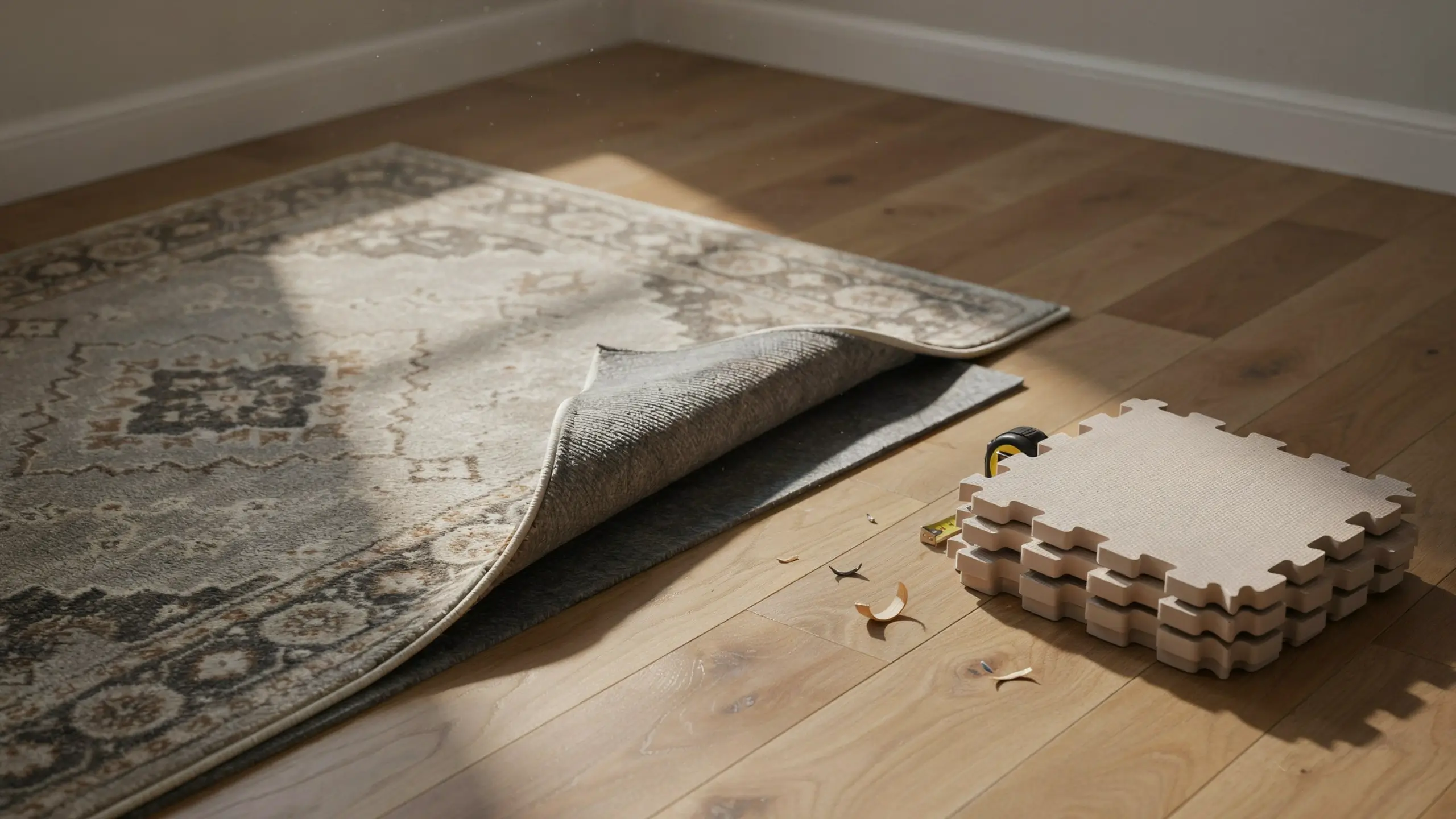 Laying a vintage rug over a non-slip grey rug pad on hardwood, with beige interlocking floor mats and a tape measure nearby for DIY floor protection.