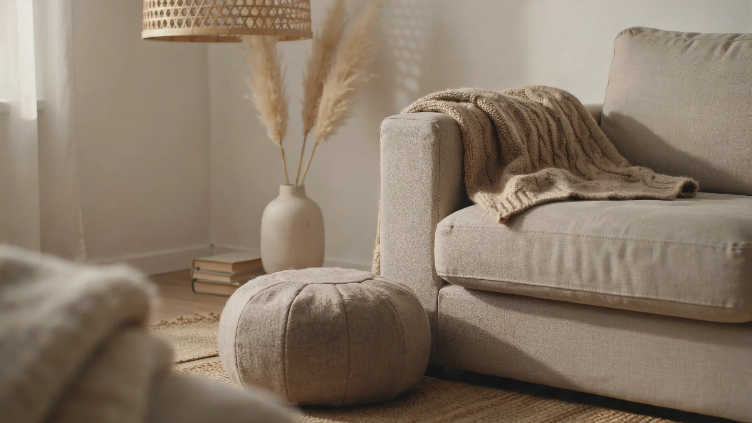 Neutral beige living room layered with natural textures including a chunky knit throw on a linen sofa, a round fabric pouf, and tall pampas grass in a ceramic vase