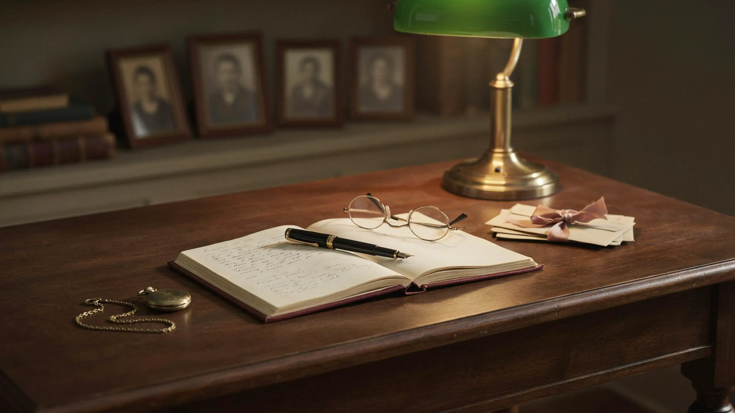 Vintage open journal, wire-rimmed reading glasses, and hand-tied letters resting on a dark wooden desk under a green banker's lamp, illustrating the preservation of family stories and heirlooms as valuable legacy gifts.