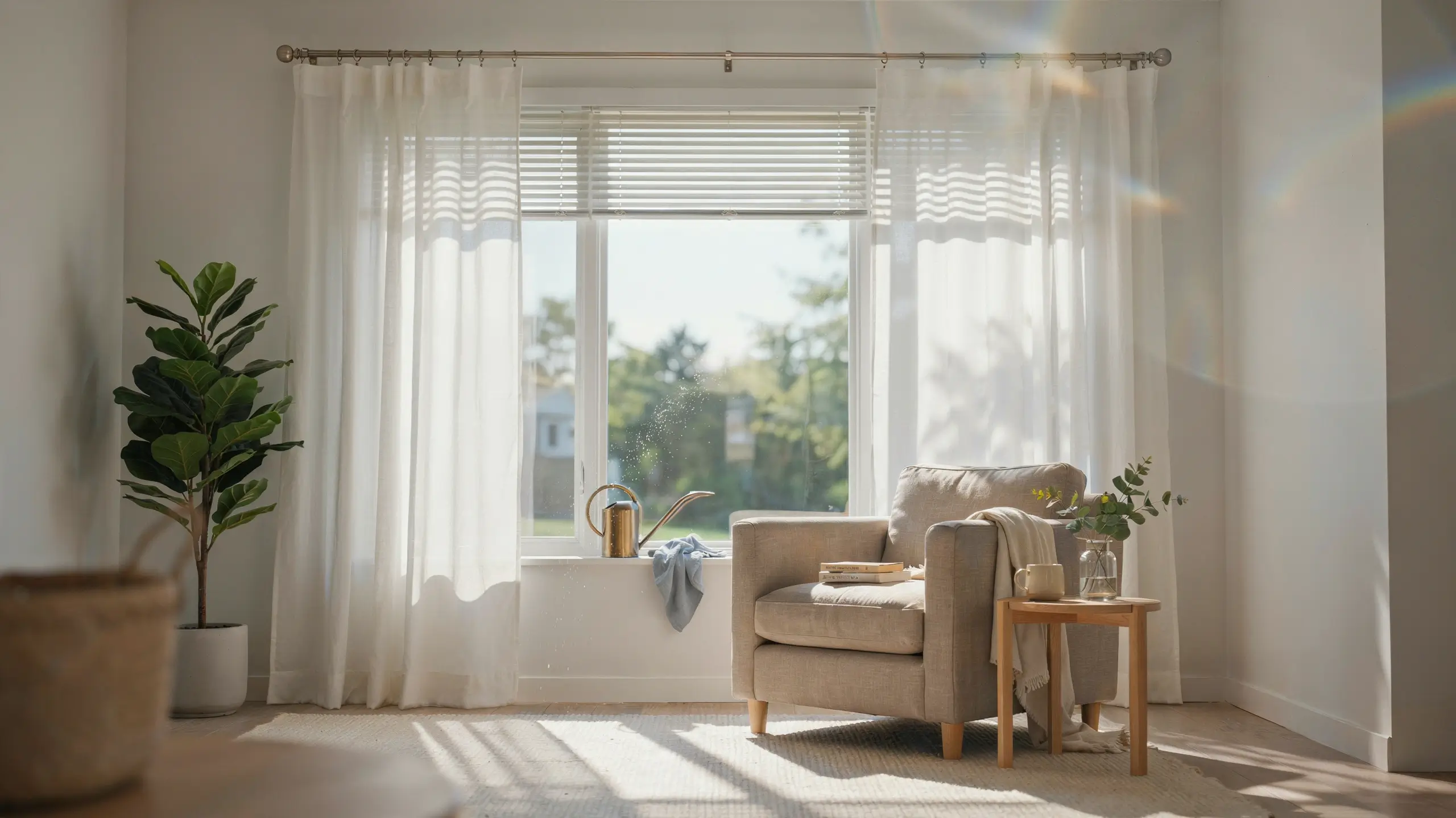 Beige armchair beside a large window with sheer white curtains, illuminated by bright natural sunlight and a rainbow prism, featuring a potted fiddle leaf fig and gold watering can on the sill.