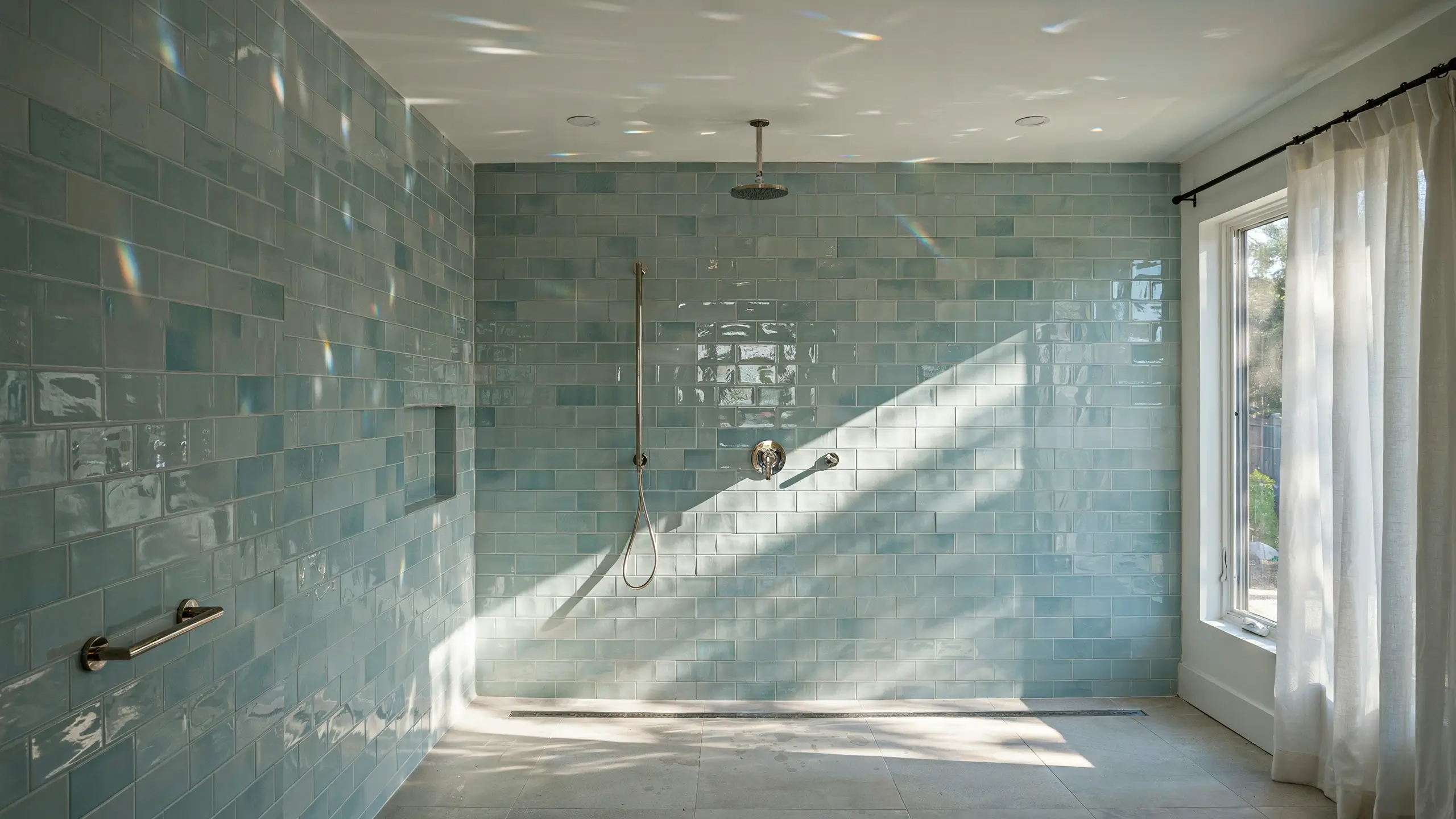 Modern wet-room shower featuring light blue glass subway tiles, a ceiling-mounted rainfall shower head, and large windows where natural sunlight creates prism rainbow reflections across the glossy wall.