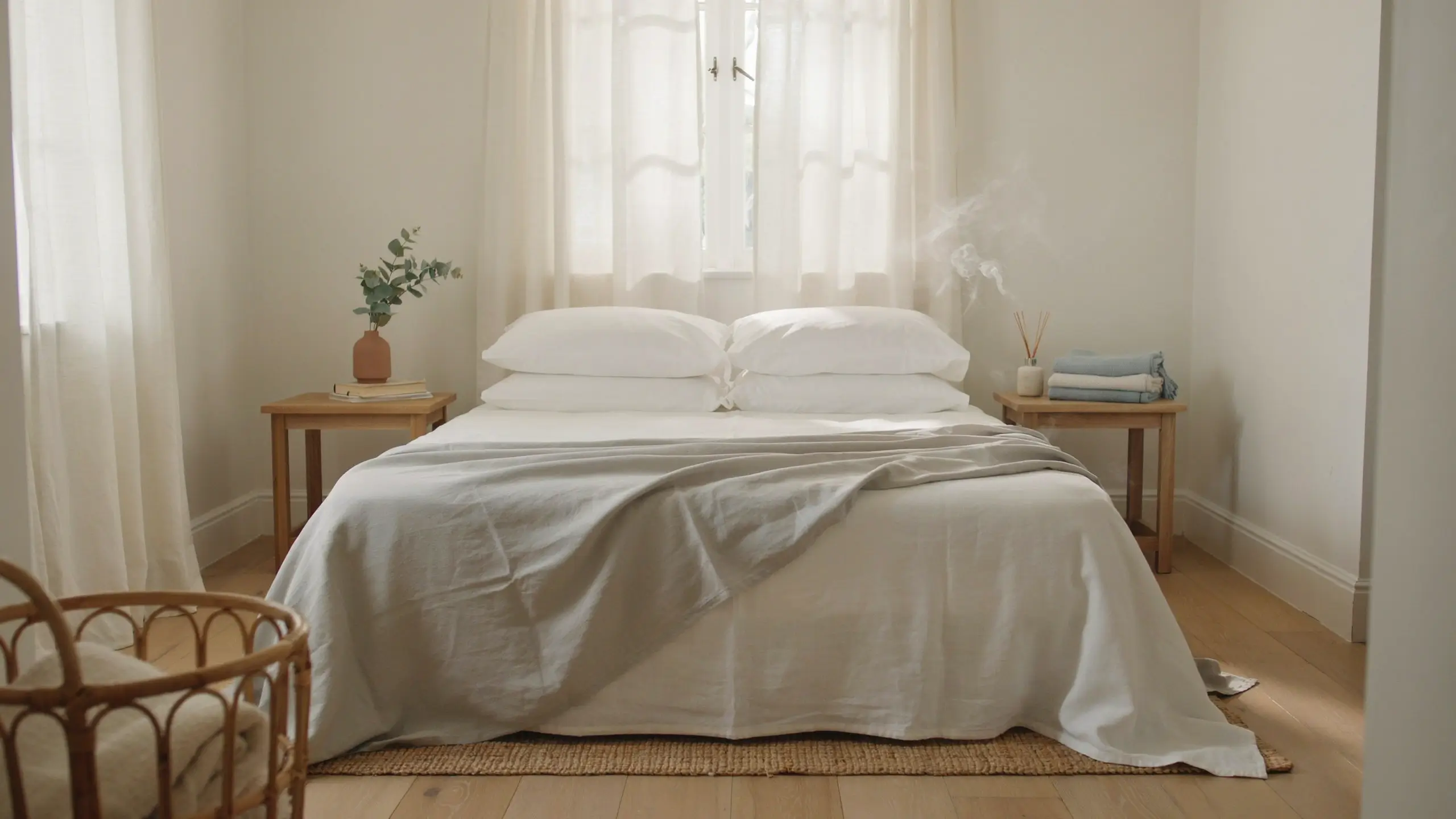 Bright, minimalist bedroom with white linens, sheer curtains, and a reed diffuser, showcasing ways to lighten up the bedroom for better sleep.