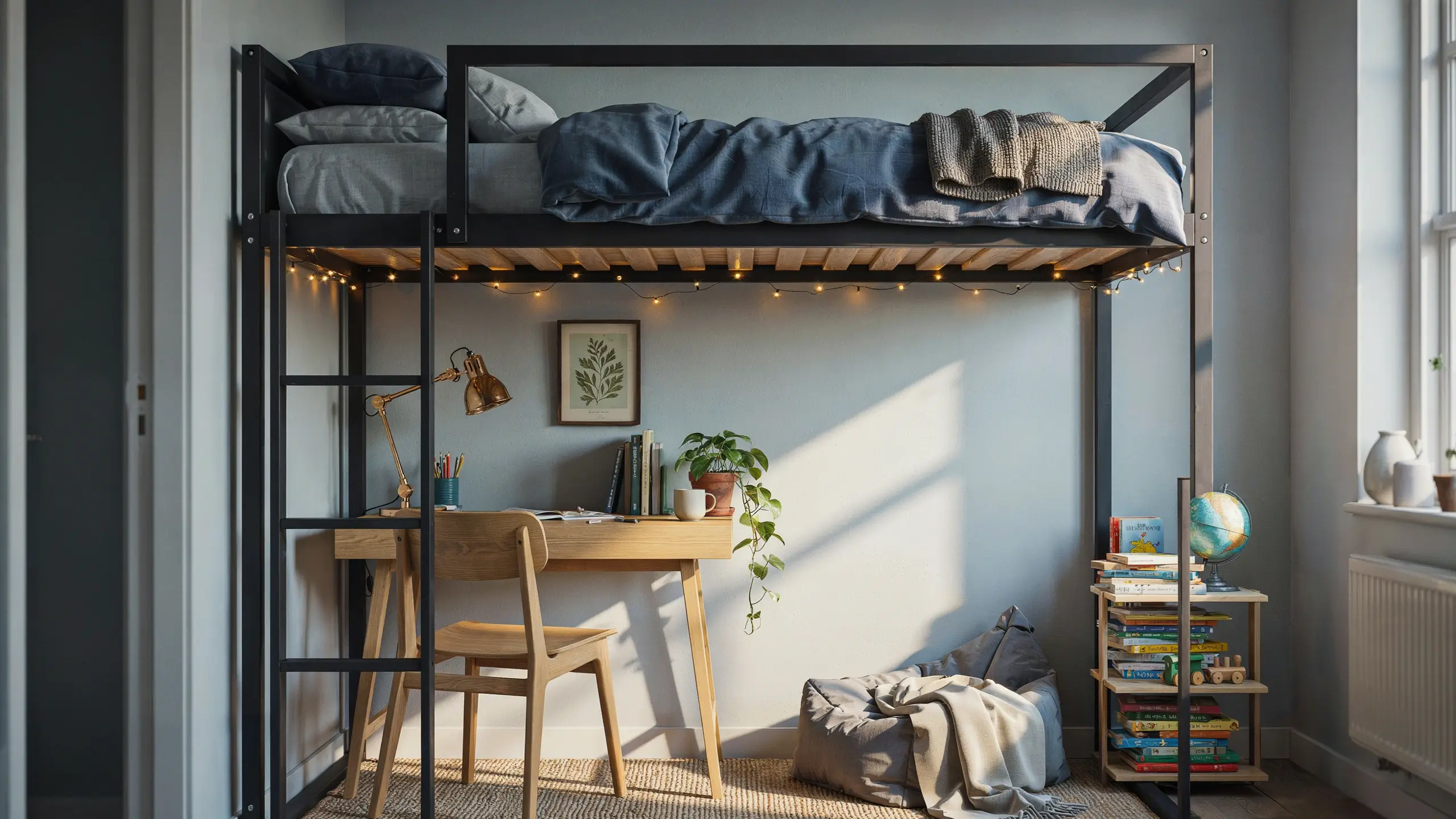 Black metal loft bed with blue bedding above a light wooden desk and chair, featuring a cozy reading nook with a gray beanbag, books, and fairy lights in a naturally sunlit bedroom.