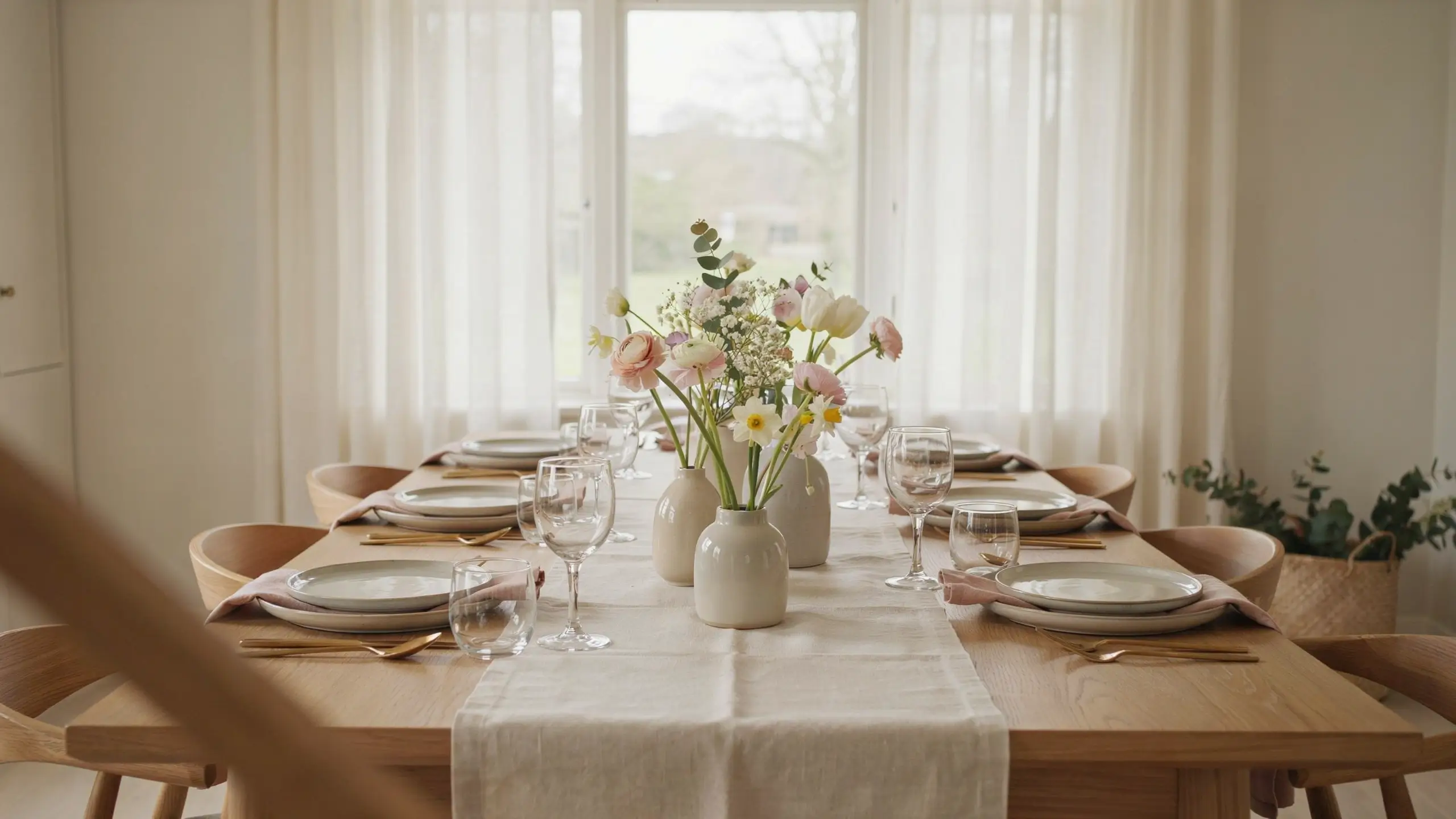 Low floral centerpiece in white ceramic vases on a minimalist dining table, designed to keep guest sightlines open and encourage natural conversation.