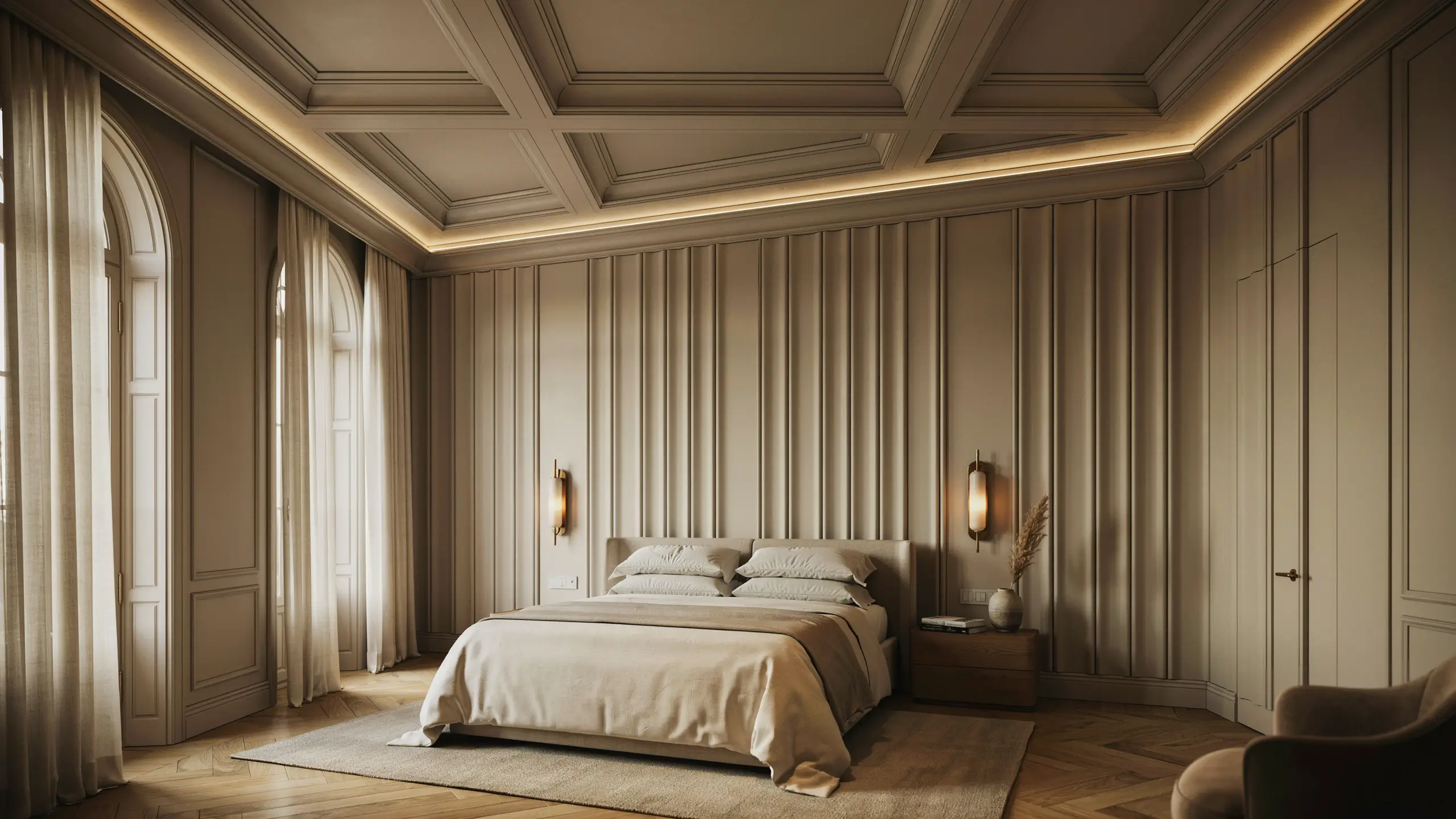 Luxury bedroom interior with built-in fluted wall panels and an architectural coffered ceiling featuring warm recessed LED cove lighting, arched windows, and neutral beige decor.