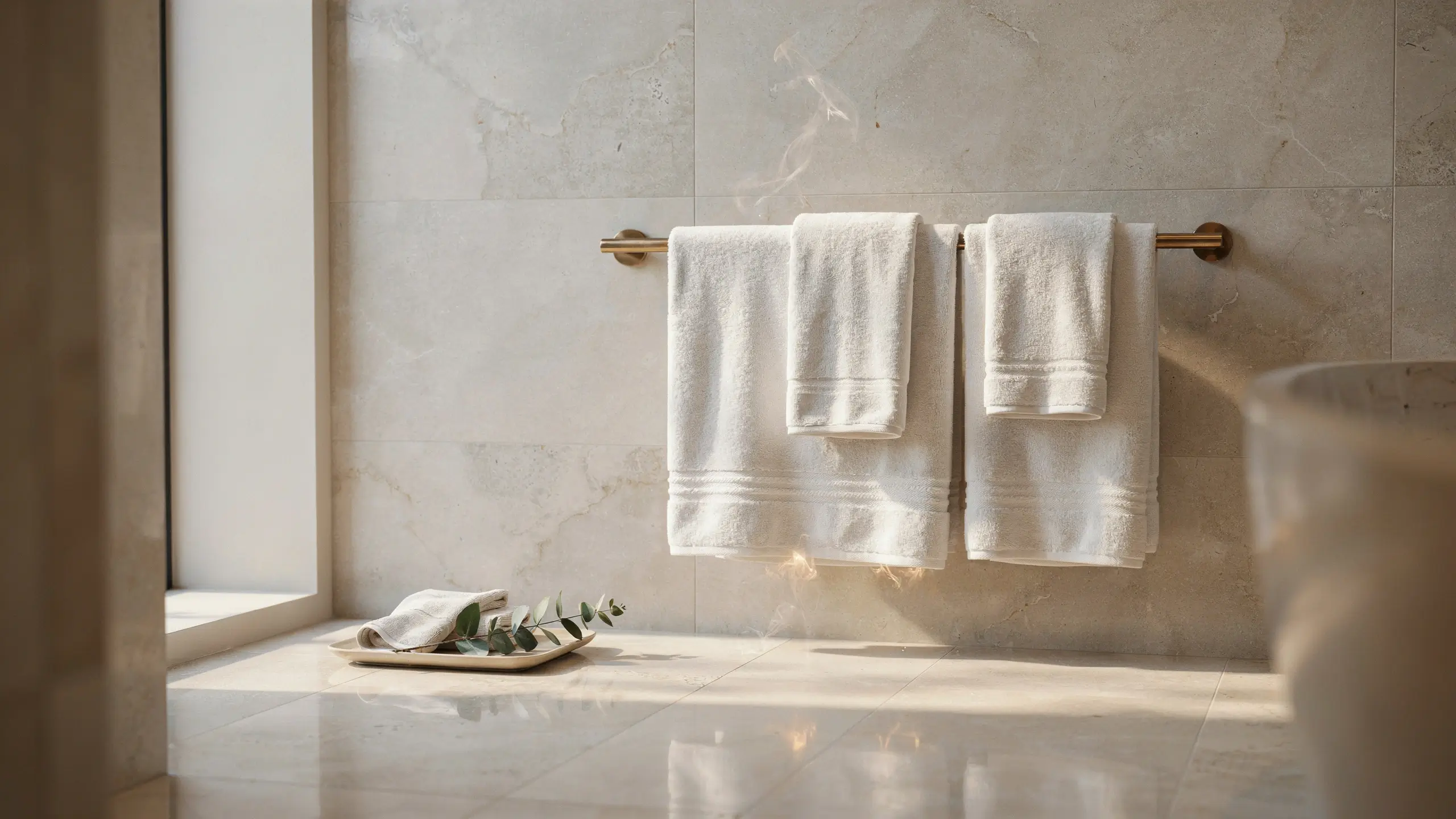 White towels on a brushed gold heated towel rack in a sunlit marble bathroom, with a tray of eucalyptus leaves on the warm floor.