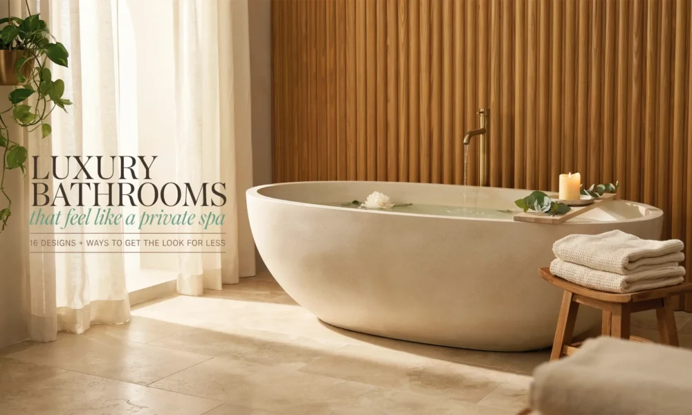 Modern luxury spa bathroom featuring a freestanding stone bathtub with a gold faucet, wooden bath tray with candle and eucalyptus, and vertical wood slat wall paneling.