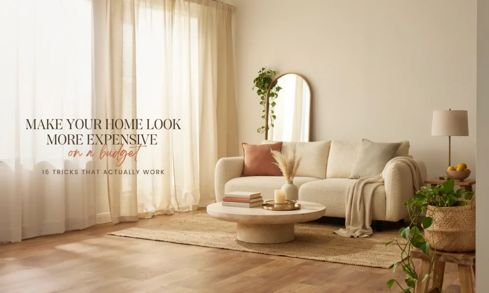 A bright, airy living room styled on a budget featuring a cream boucle sofa, jute rug, and pampas grass, showcasing 16 easy tricks to make a home look more expensive.