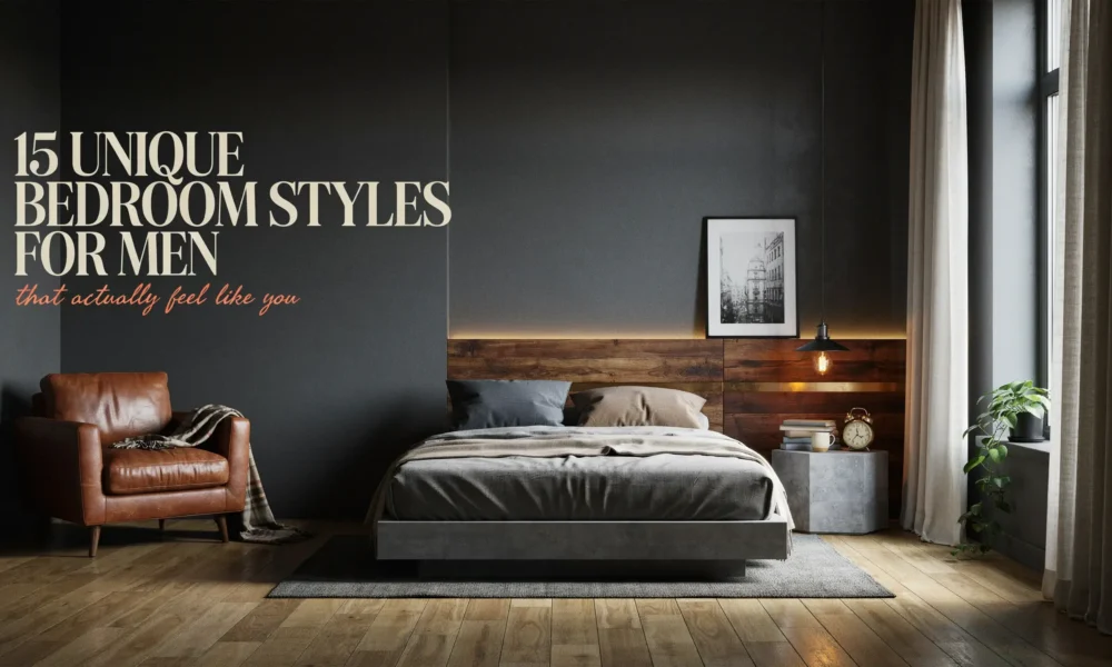 A moody, masculine bedroom interior featuring a floating concrete bed with grey linens, a tan leather armchair, and a rustic wood accent wall illuminated by warm LED lighting. The image serves as a header for an article titled '15 Unique Bedroom Styles for Men'.