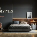 A moody, masculine bedroom interior featuring a floating concrete bed with grey linens, a tan leather armchair, and a rustic wood accent wall illuminated by warm LED lighting. The image serves as a header for an article titled '15 Unique Bedroom Styles for Men'.