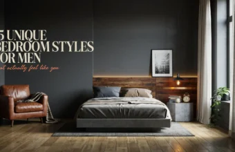 A moody, masculine bedroom interior featuring a floating concrete bed with grey linens, a tan leather armchair, and a rustic wood accent wall illuminated by warm LED lighting. The image serves as a header for an article titled '15 Unique Bedroom Styles for Men'.