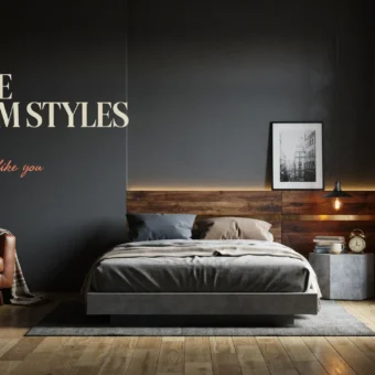 A moody, masculine bedroom interior featuring a floating concrete bed with grey linens, a tan leather armchair, and a rustic wood accent wall illuminated by warm LED lighting. The image serves as a header for an article titled '15 Unique Bedroom Styles for Men'.