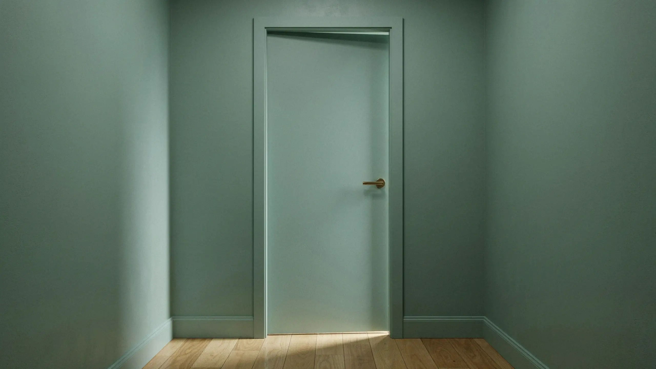 Modern sage green interior door seamlessly painted to match the wall color, featuring a minimalist gold lever handle and light natural wood flooring to illustrate the 'match the door to the walls' design principle.