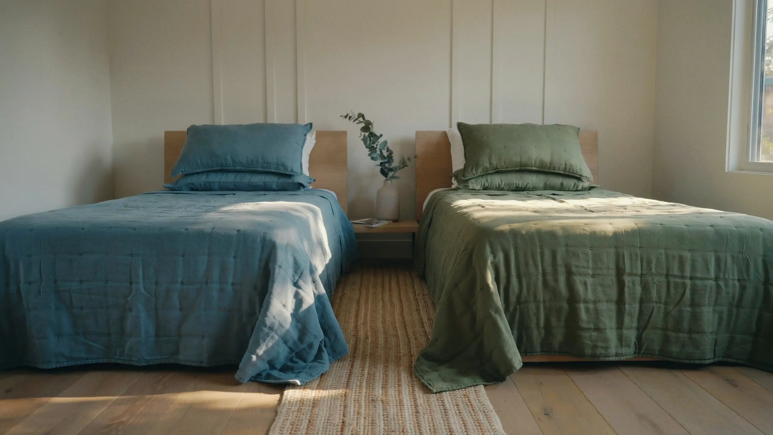 Two minimalist twin beds showcasing matching quilted bedding in contrasting dusty blue and sage green colorways, beside a shared wooden nightstand with a eucalyptus vase.