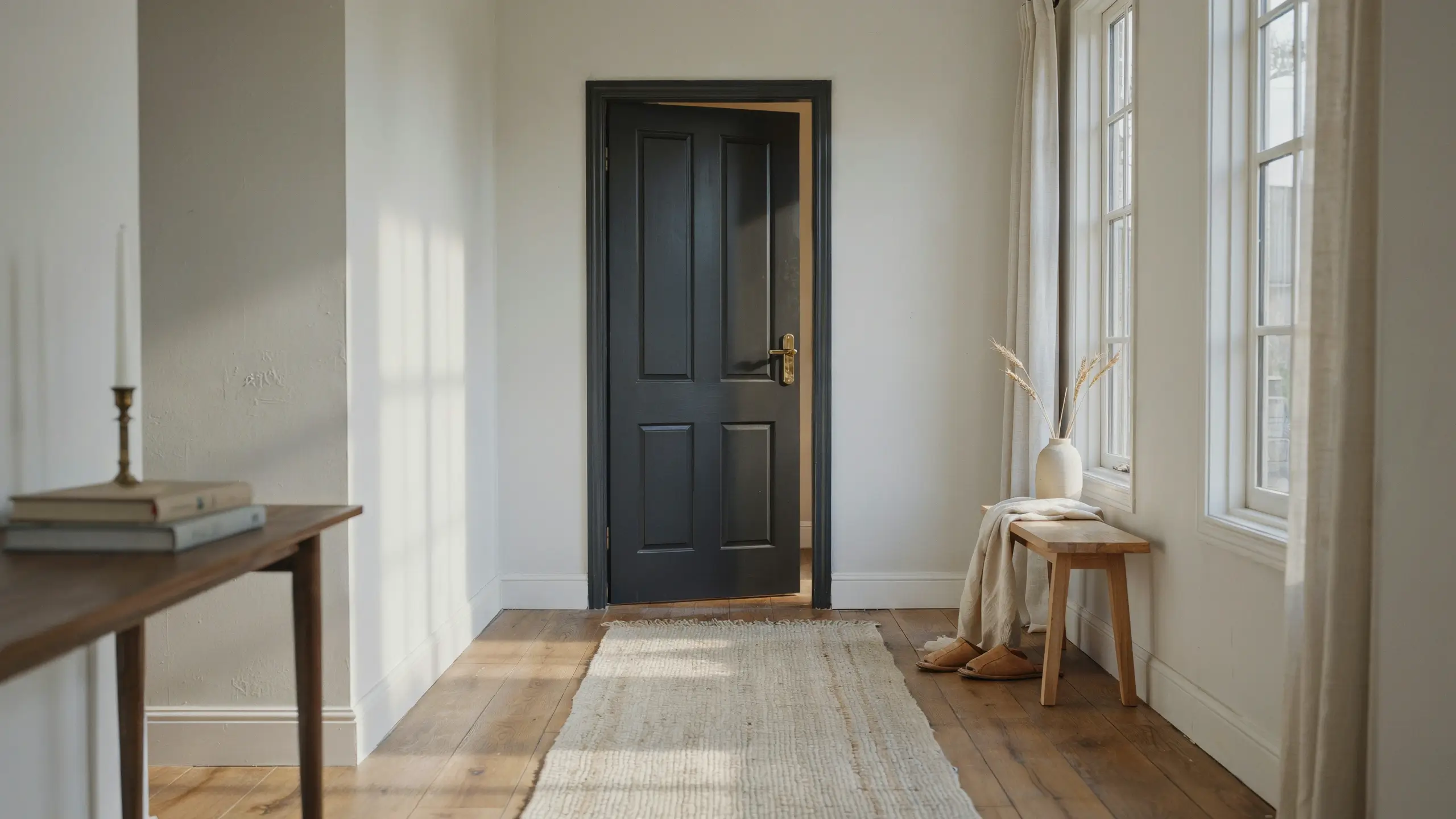 Minimalist entryway with a bold matte black paneled door, natural wood floors, a textured woven runner rug, and a light wood bench draped with a neutral linen throw.