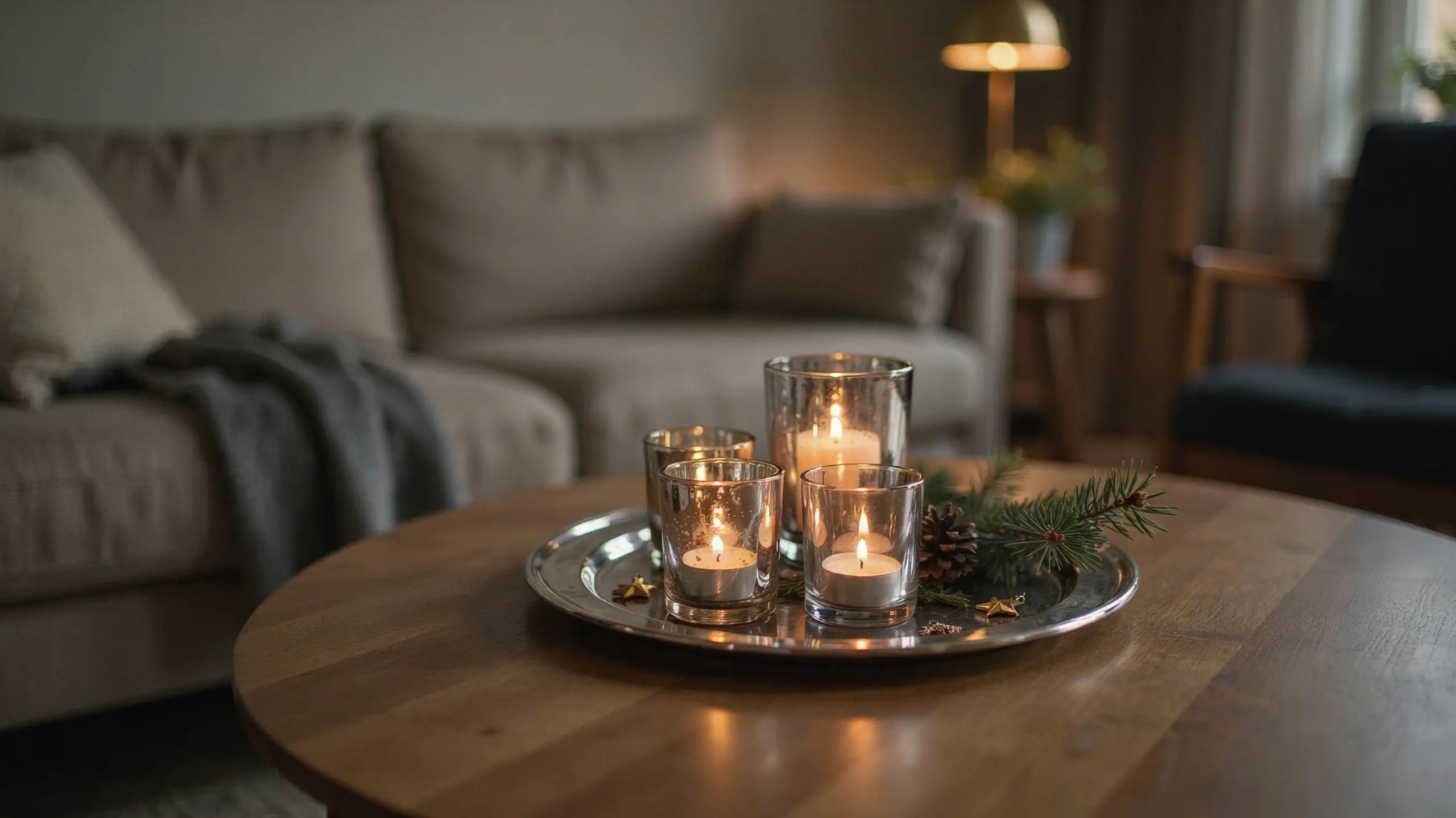 Four mercury glass candle holders with lit white candles, pinecones, and evergreen sprigs arranged on a silver tray atop a round wooden coffee table in a dimly lit, cozy living room with a soft beige sofa in the background.
