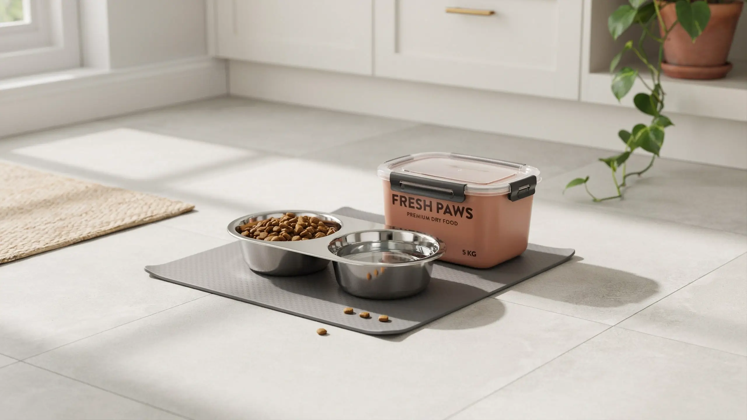 Double stainless steel pet food and water bowls resting on a textured grey silicone mat, paired with a pink airtight dry food storage container, alongside a few stray pieces of kibble scattered on the kitchen tile floor near a potted plant.