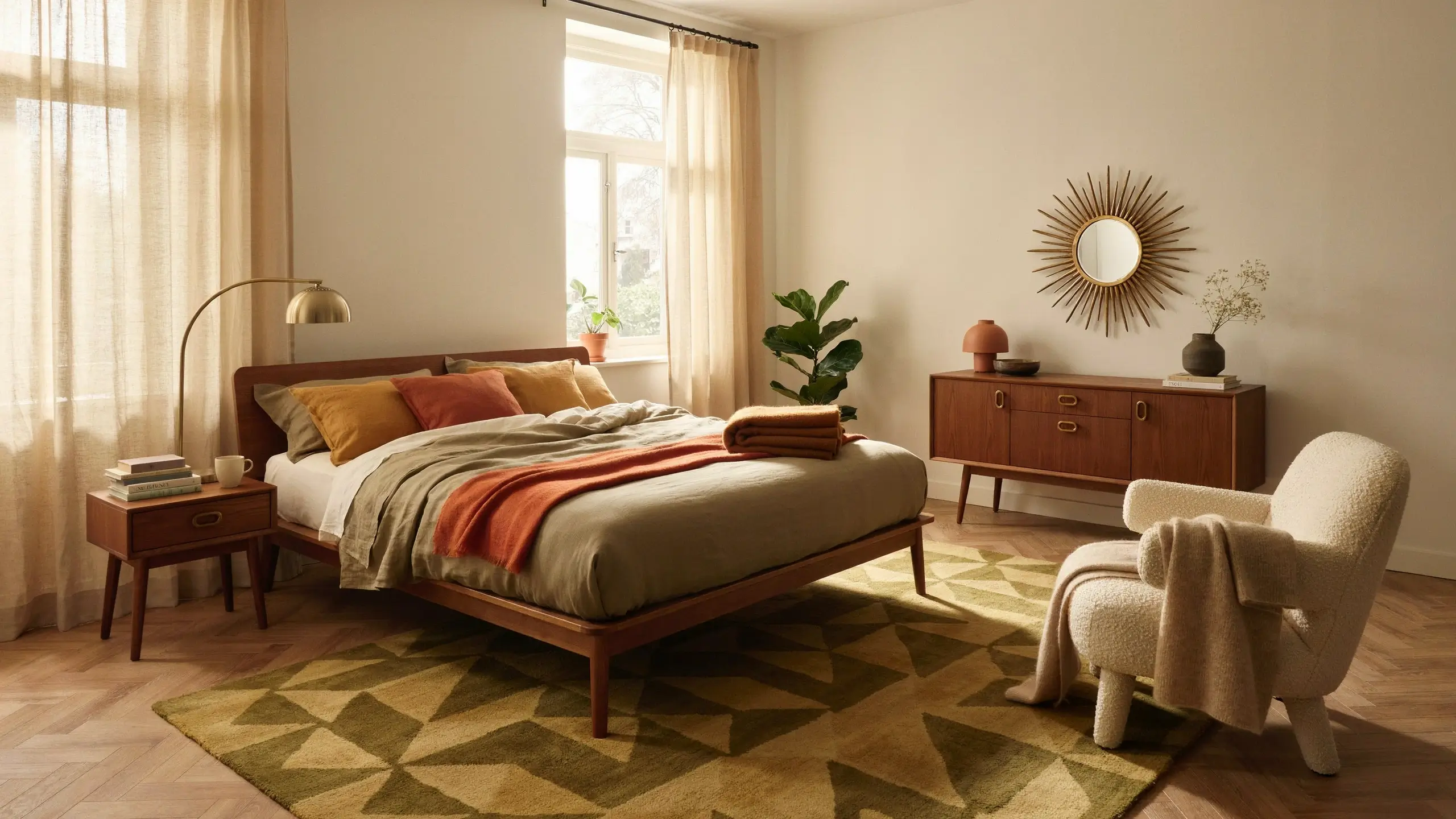 Warm mid-century modern bedroom featuring a wooden platform bed, mustard and rust throw pillows, a brass sunburst mirror, and a geometric area rug on a herringbone wood floor.