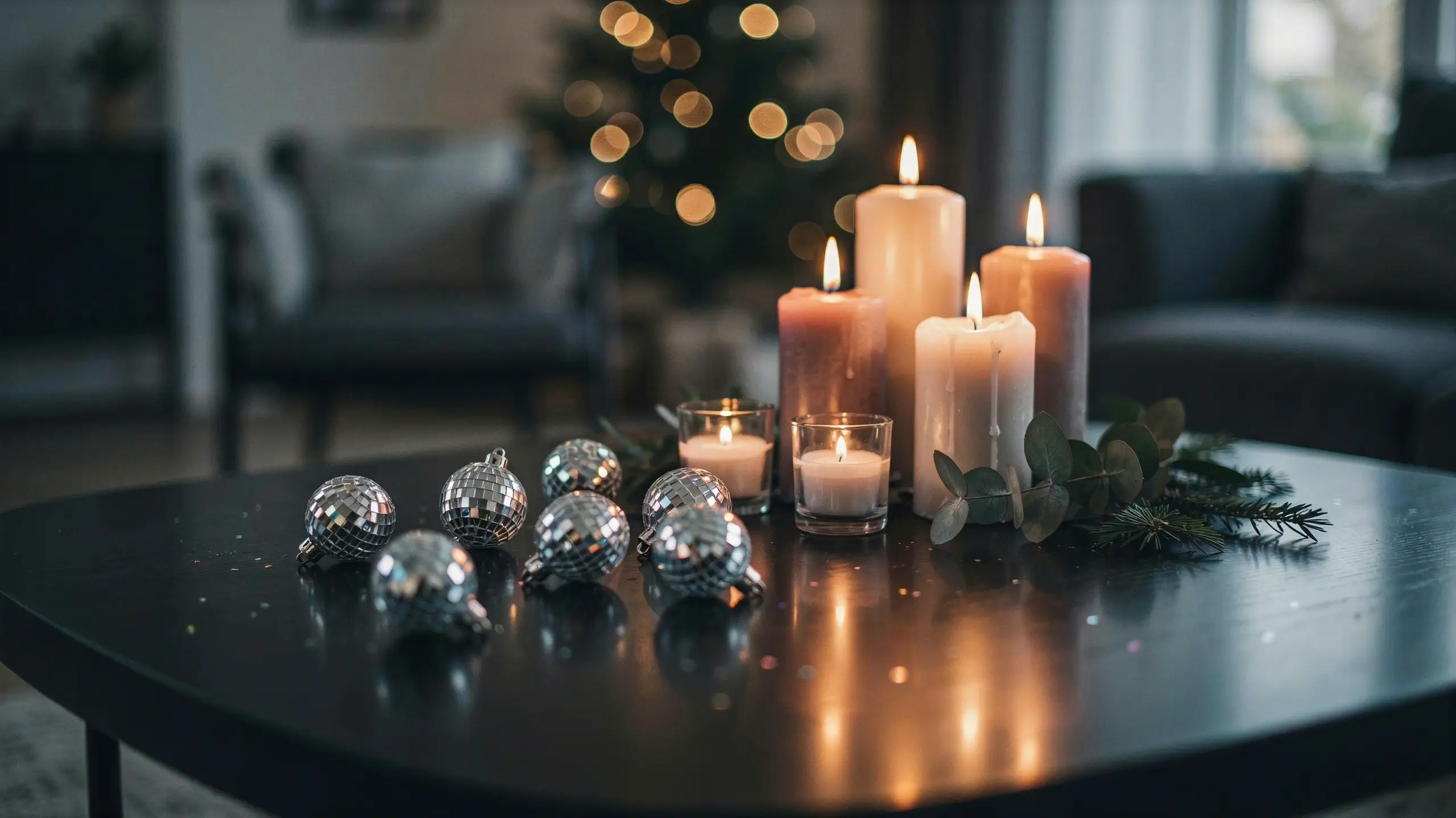 Silver mini disco ball ornaments and glowing pillar candles with eucalyptus leaves arranged on a dark coffee table, set against a cozy Christmas tree backdrop.