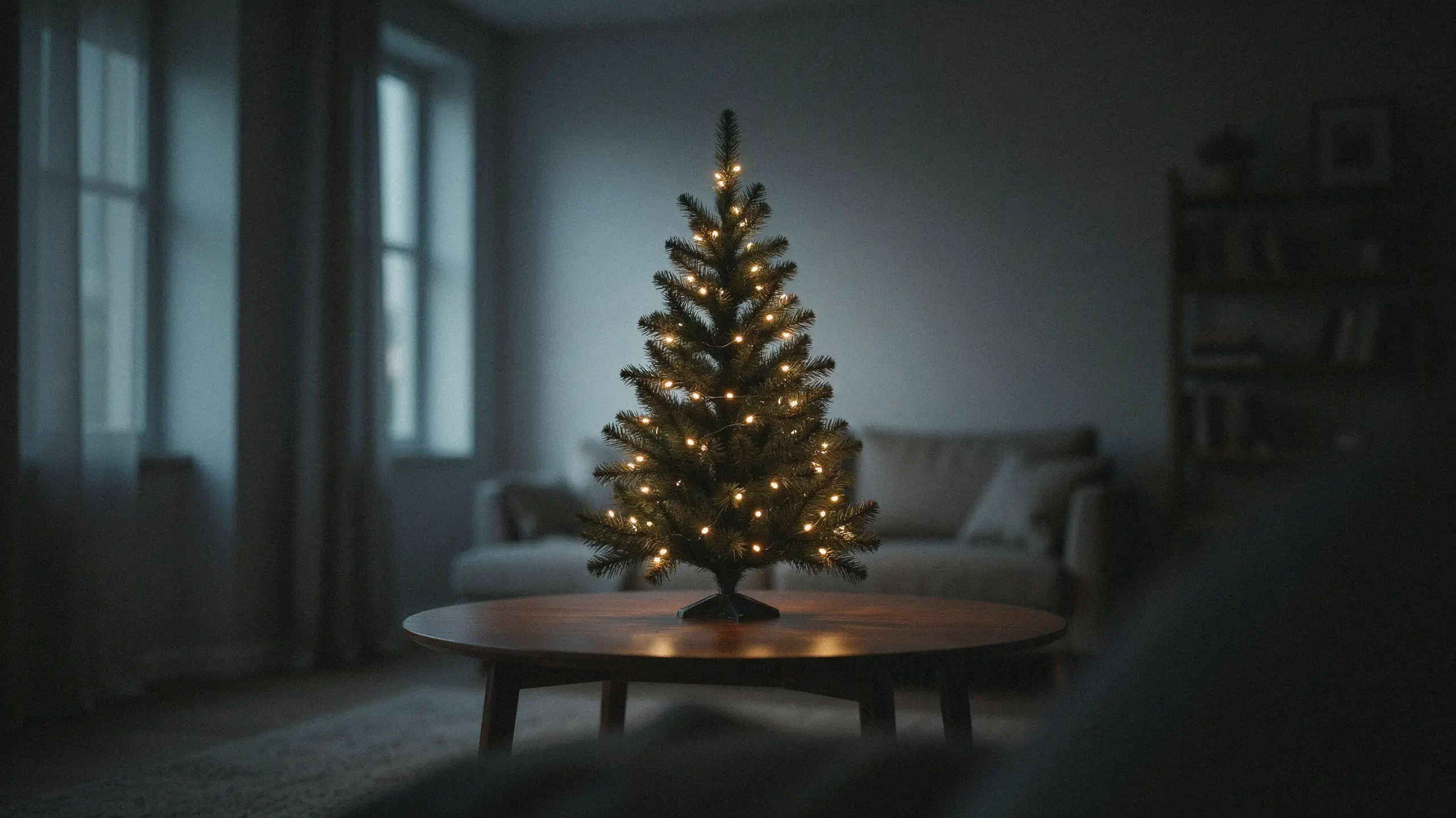 A small, dark green artificial Christmas tree illuminated with warm fairy lights, standing alone on a round wooden coffee table in a dimly lit, minimalist living room with a blurred grey sofa and window in the background.