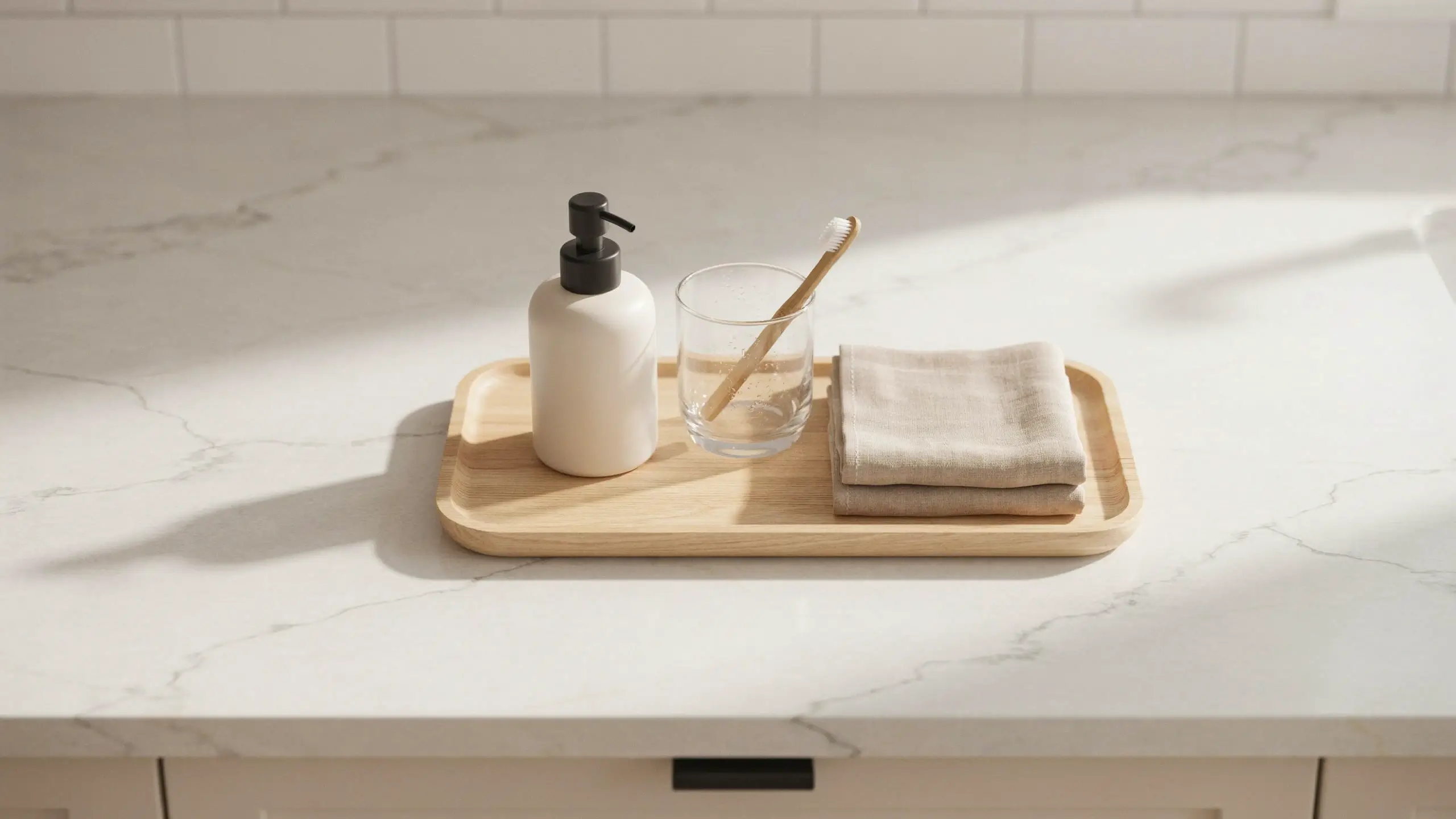 Minimalist wooden tray holding a white matte soap dispenser, a clear glass cup with a bamboo toothbrush, and a folded beige linen towel on a white marble bathroom countertop.