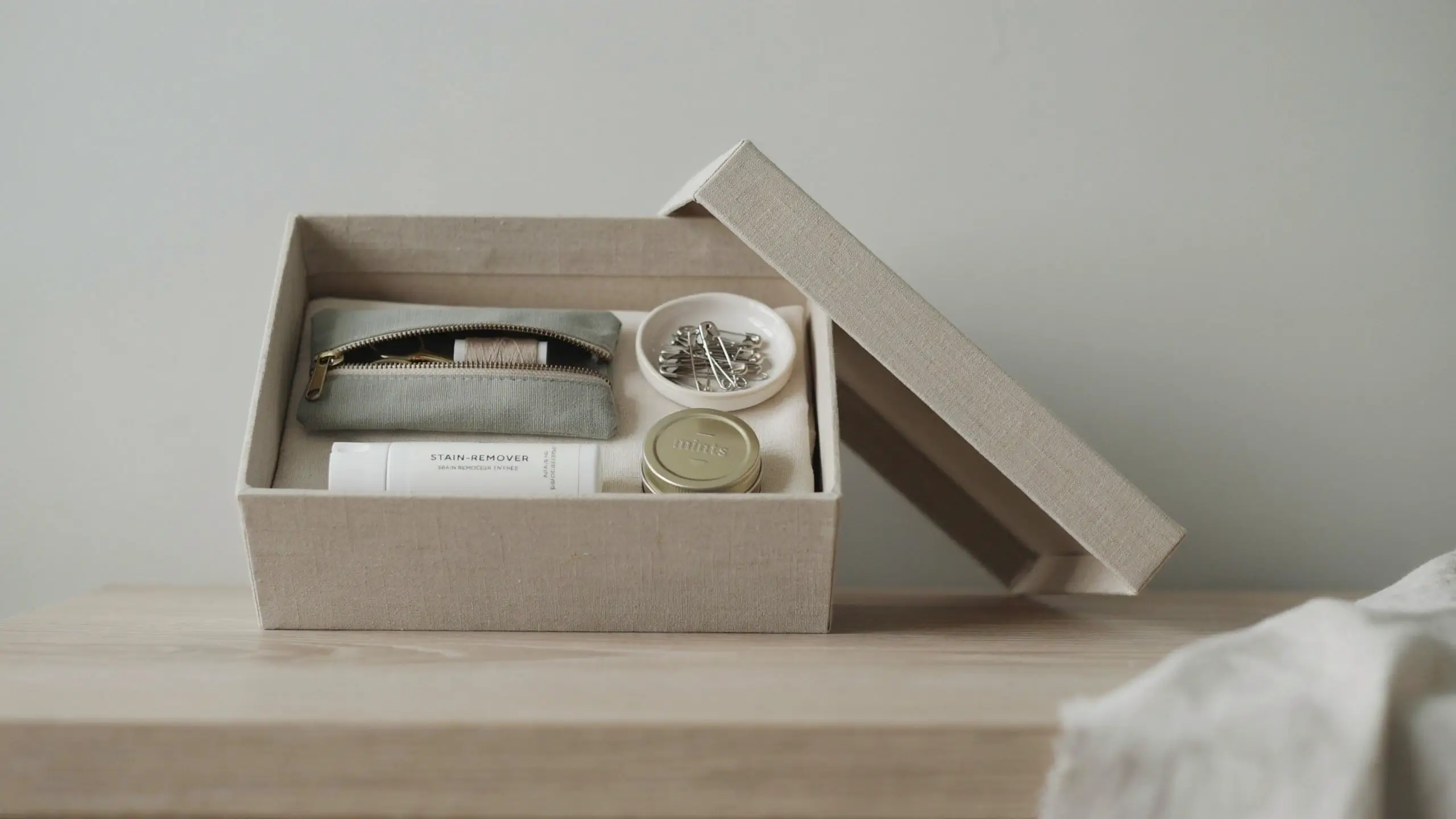 A minimalist beige fabric storage box open to display a curated emergency kit with a zippered pouch, safety pins, stain remover, and mints, perfect for wedding vendor drop-offs.