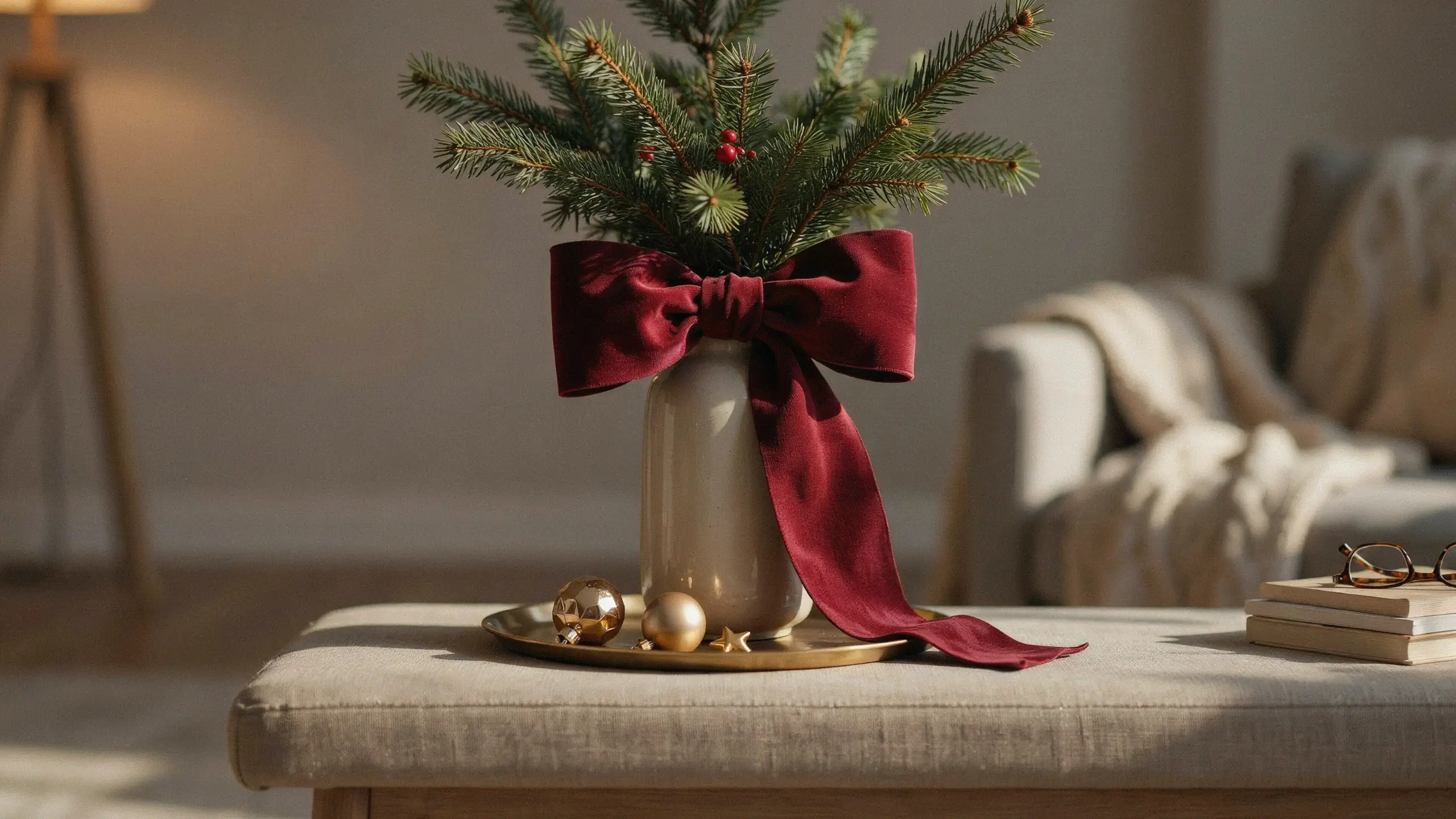 Minimalist Christmas table decor featuring an oversized burgundy velvet bow tied around a cream ceramic vase filled with fresh pine branches and red berries, placed on a gold tray with delicate glass ornaments.
