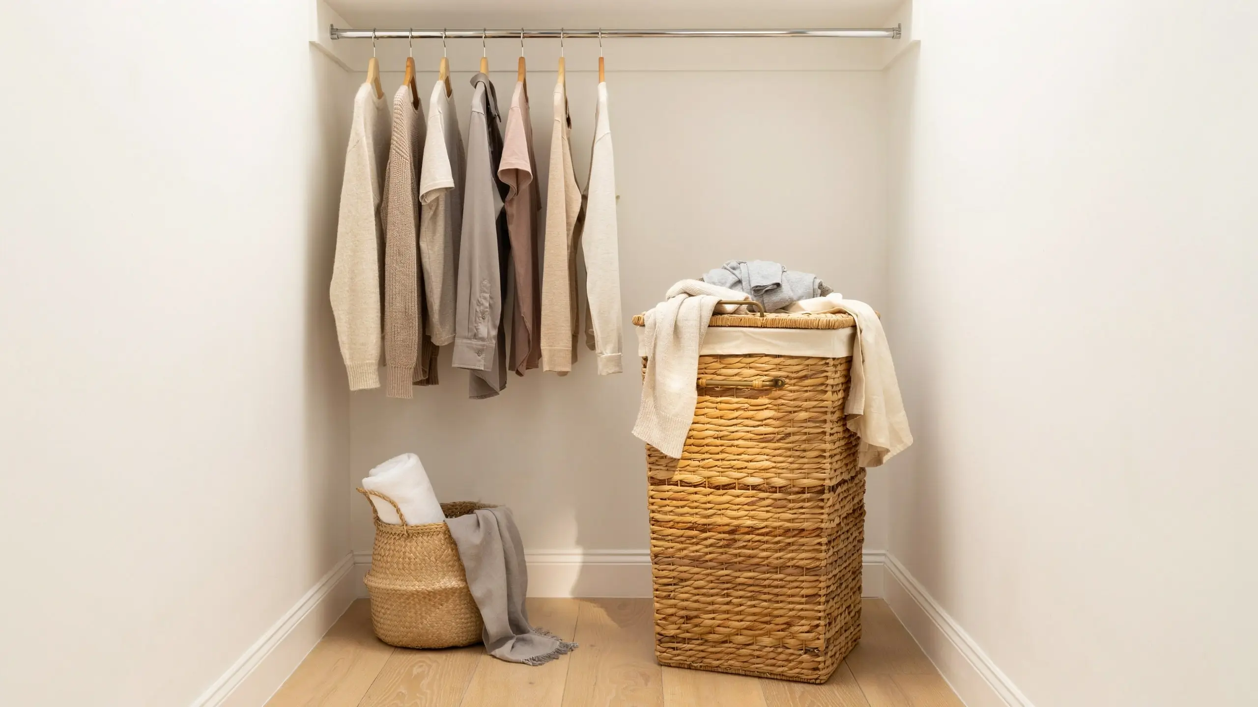 A minimalist white walk-in closet featuring a designated laundry spot with a stacked woven seagrass hamper and a smaller round basket on a light wood floor, holding neutral-colored linens and hanging garments.
