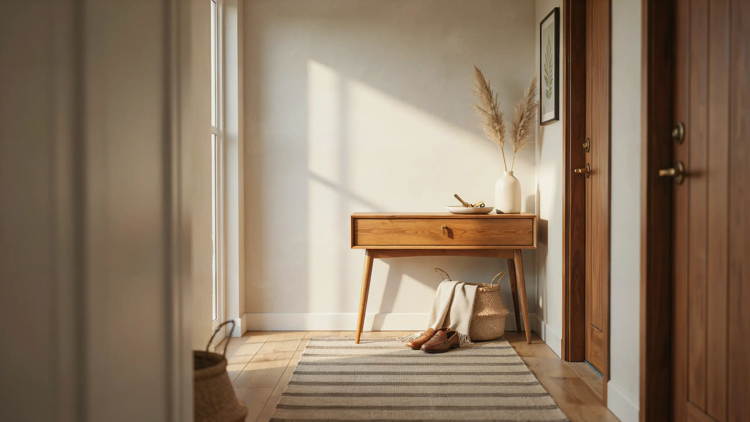 A minimalist entryway landing spot featuring a mid-century wooden console table, a white vase with dried pampas grass, a woven storage basket, and brown leather shoes, bathed in warm natural sunlight inside a modern hallway.
