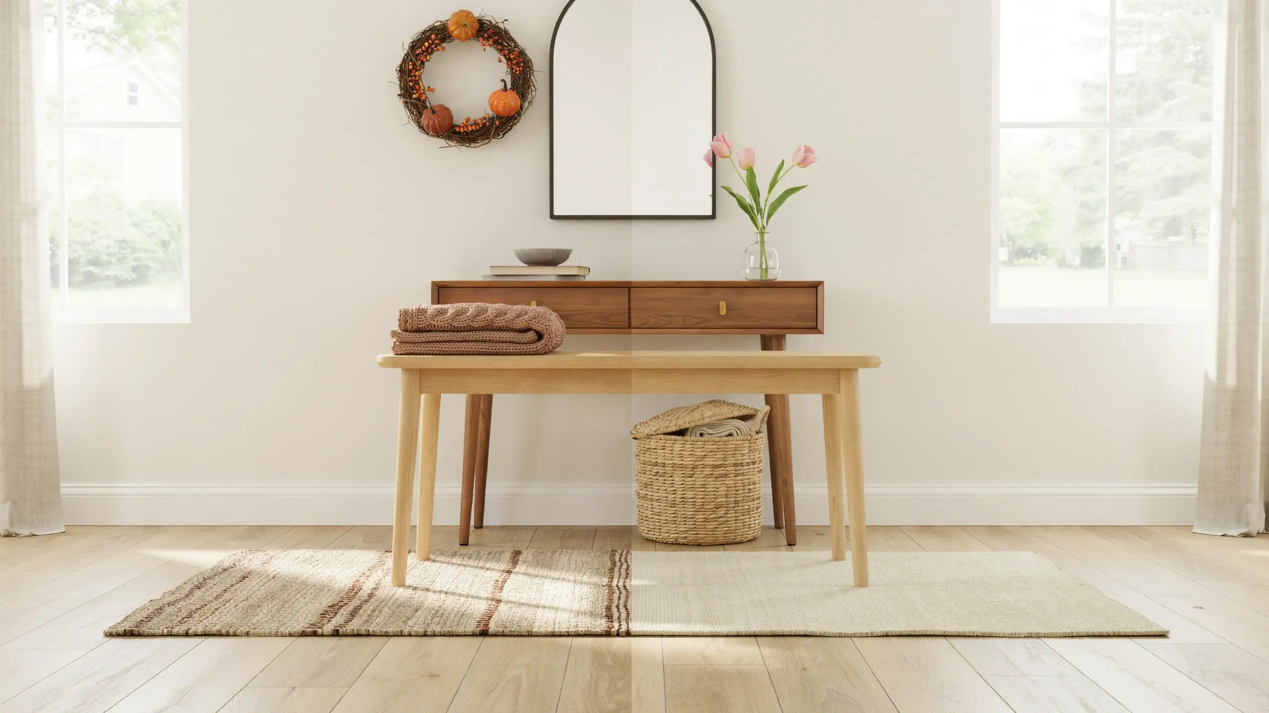 A bright, minimalist entryway styled for autumn, featuring a light oak bench and dark wood console table accented with a seasonal pumpkin and berry wreath, a black arched mirror, pink tulips, and a folded knit blanket.