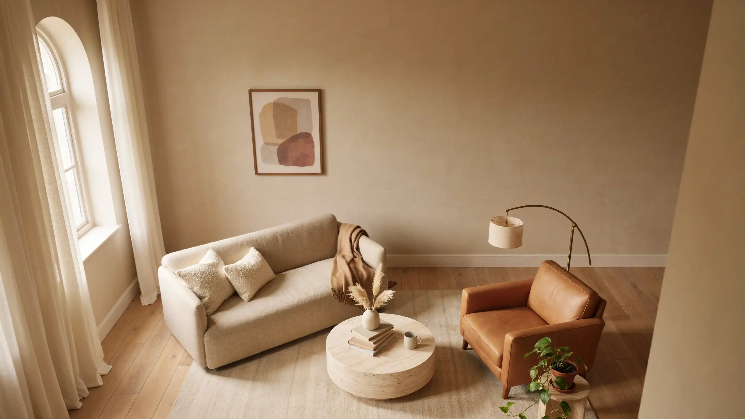 Beige sofa and tan leather armchair pulled a few inches off the wall in a neutral, organic modern living room featuring an arched window and round wooden coffee table.