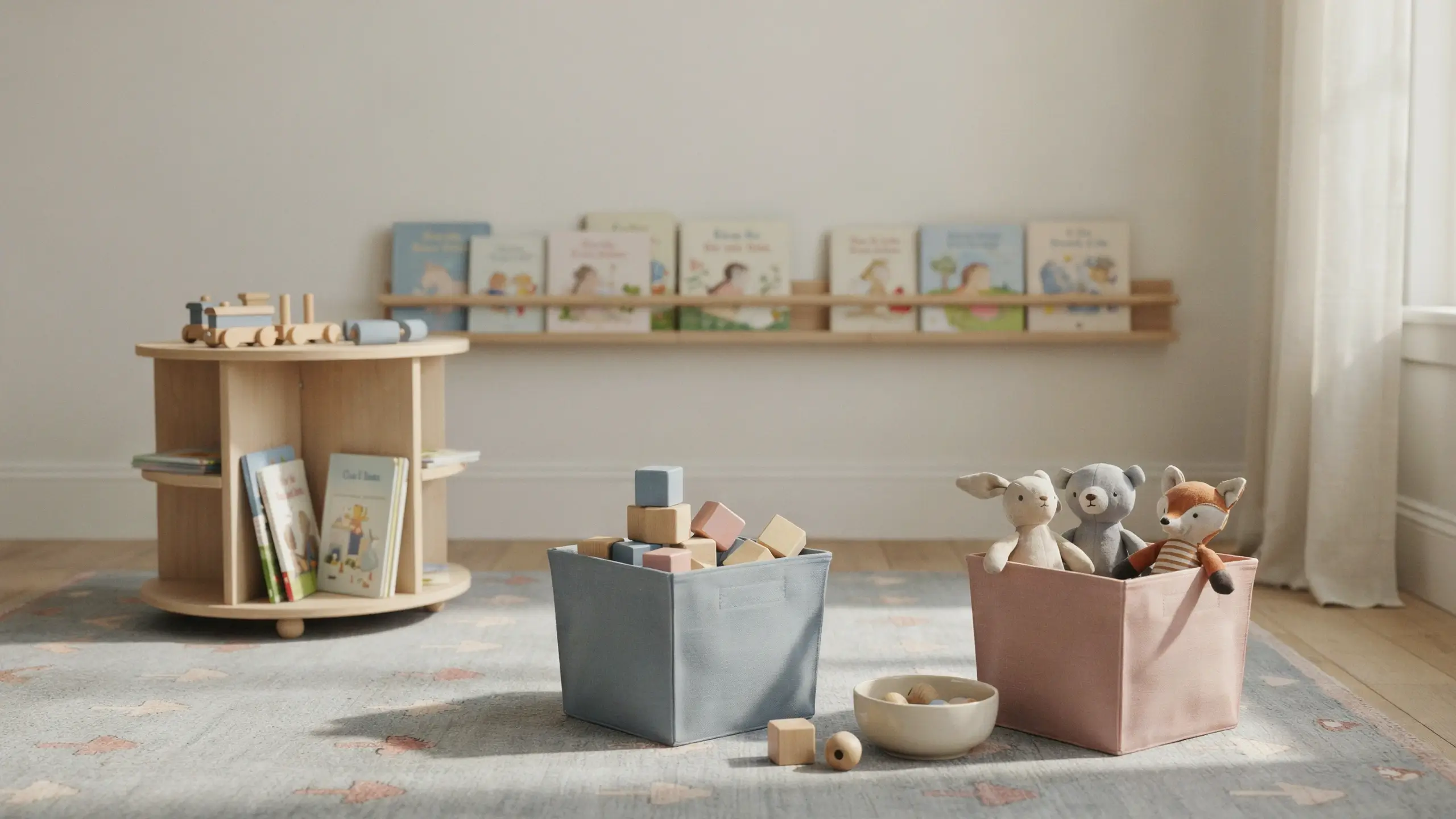 A tidy, minimalist Montessori playroom with fabric toy storage baskets and wooden building blocks, staged before kids arrive for playtime.