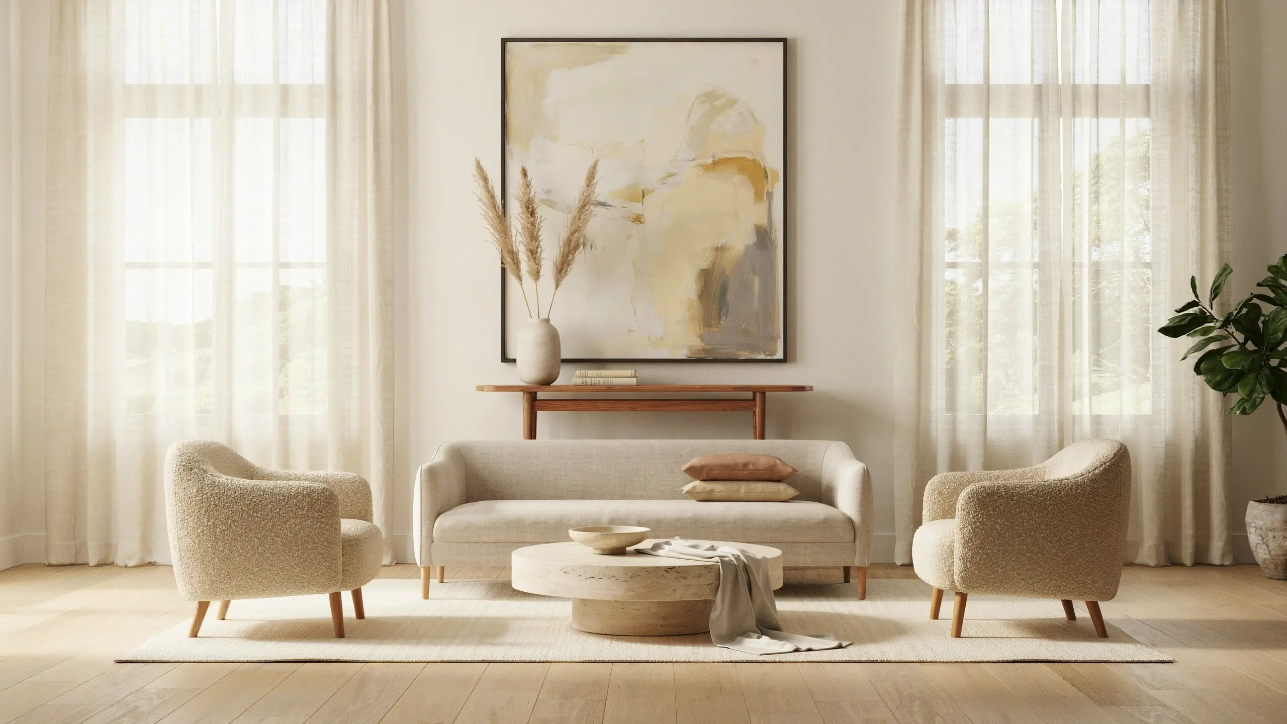 Cozy, sunlit minimalist living room with textured cream boucle armchairs, a round stone coffee table, and a large abstract painting, styled with soft neutral throws and decorative objects.