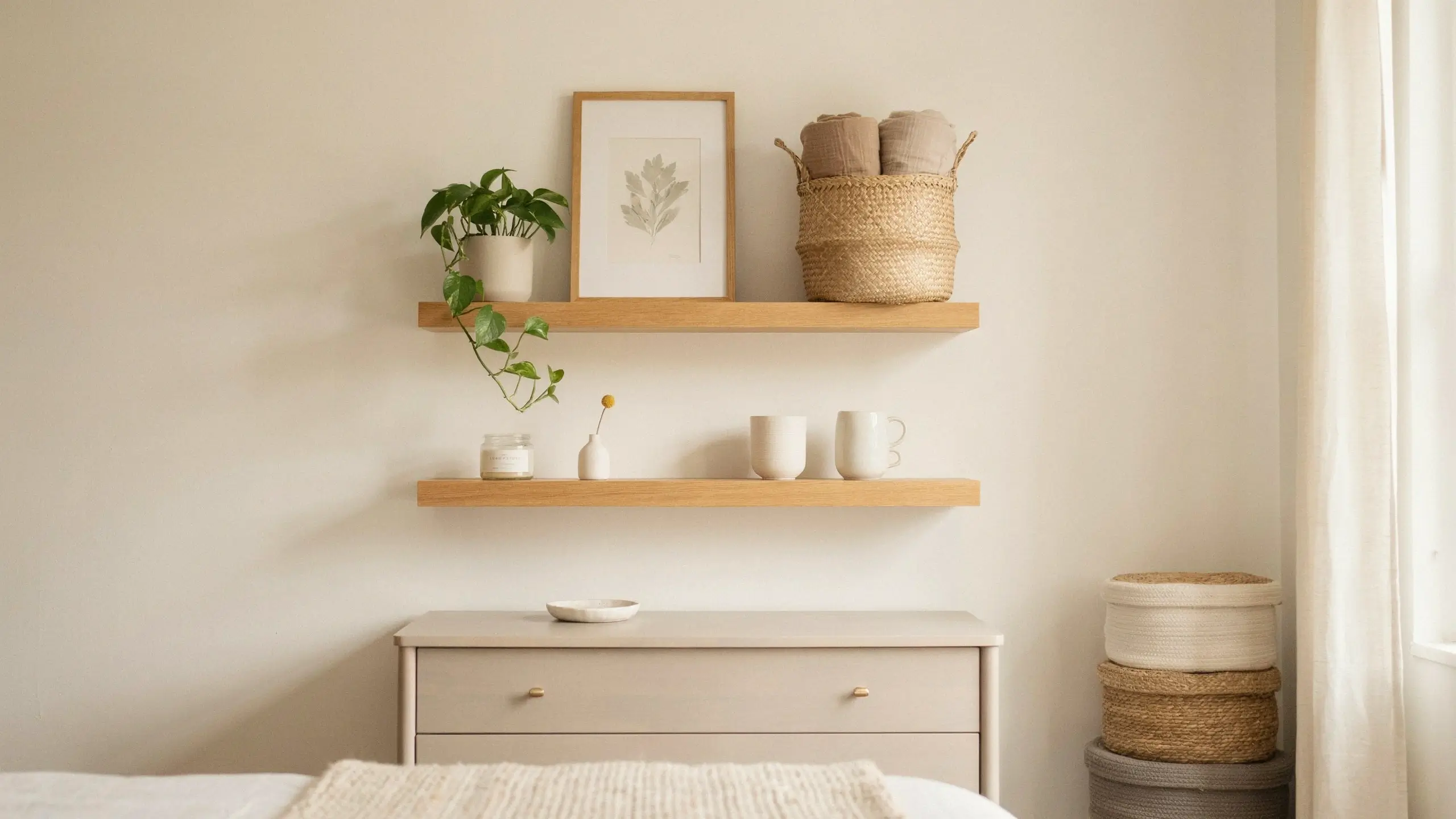 Minimalist open shelving in a neutral bedroom with light wood floating shelves, a cascading green pothos plant, a framed botanical print, and a woven storage basket.