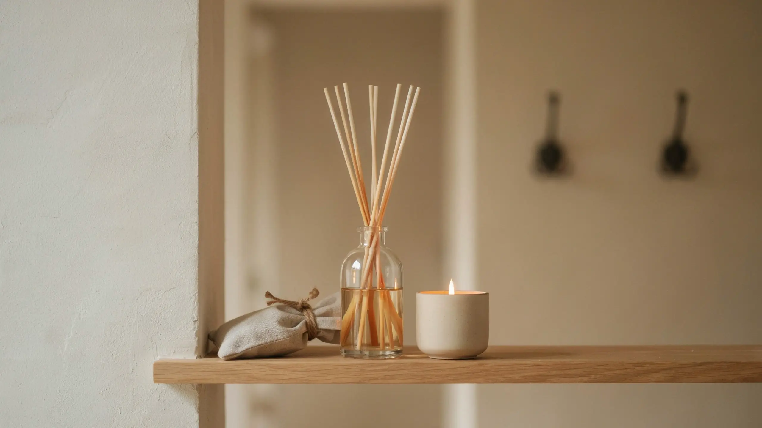 A minimalist clear glass reed diffuser with amber oil, a lit white ceramic candle, and a natural linen sachet tied with twine resting on a light oak wooden shelf in a neutral, cozy home interior.