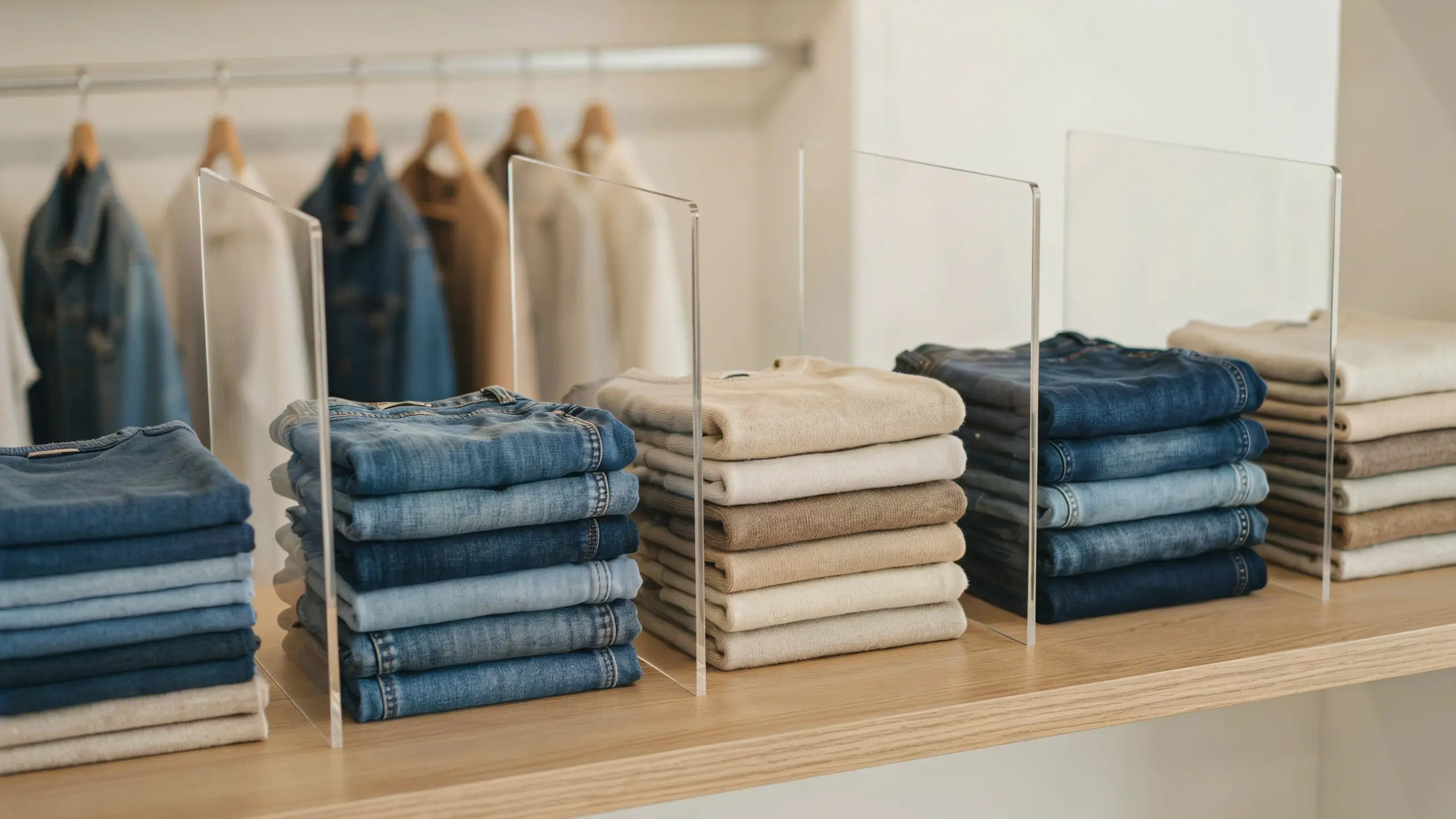 Minimalist retail display with neatly folded blue jeans and cream sweaters organized using clear acrylic shelf dividers on light wood.
