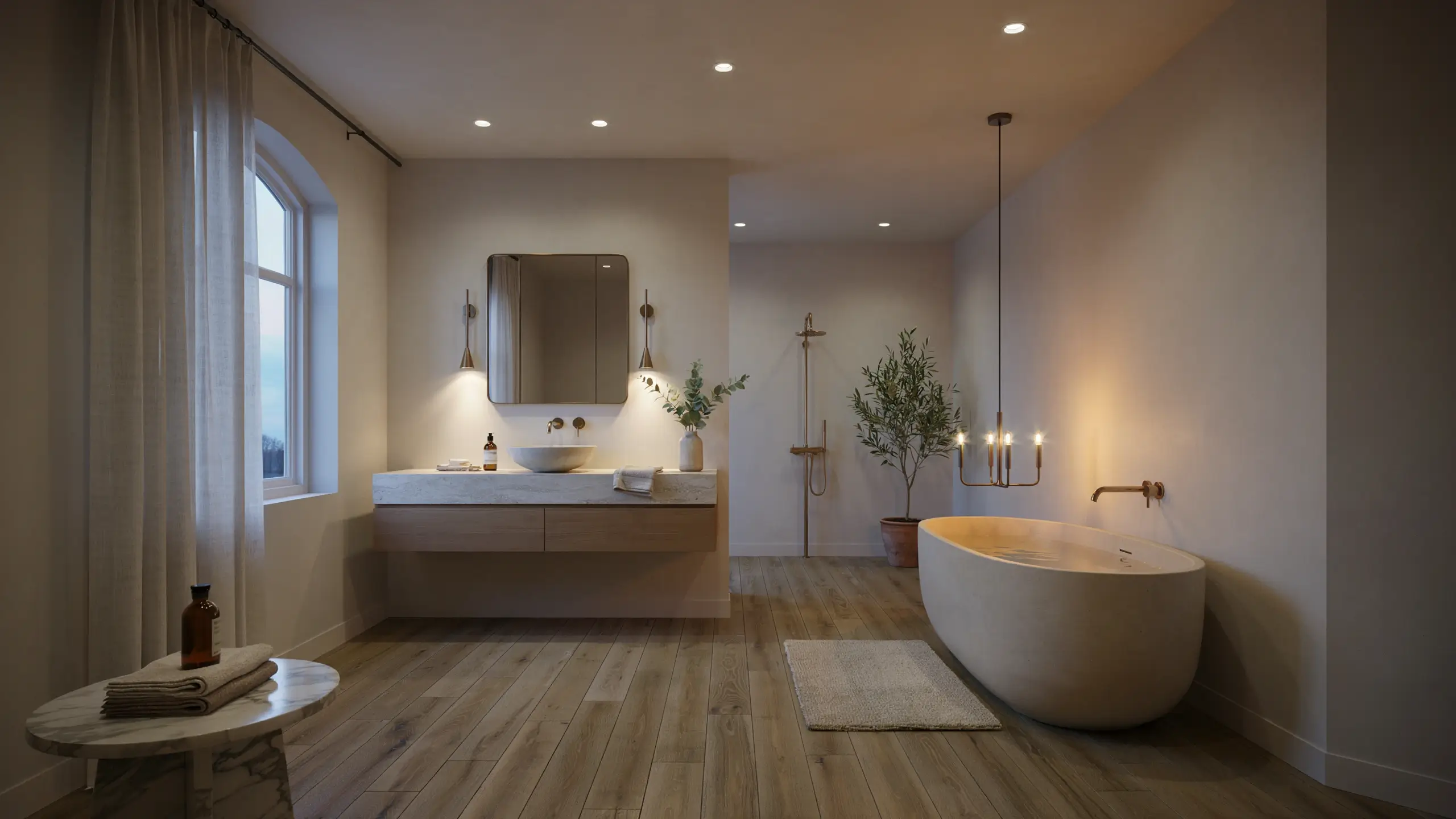 A serene minimalist spa bathroom featuring a floating wooden vanity, a freestanding oval bathtub, and layered warm ambient lighting from brass wall sconces and a contemporary pendant fixture.