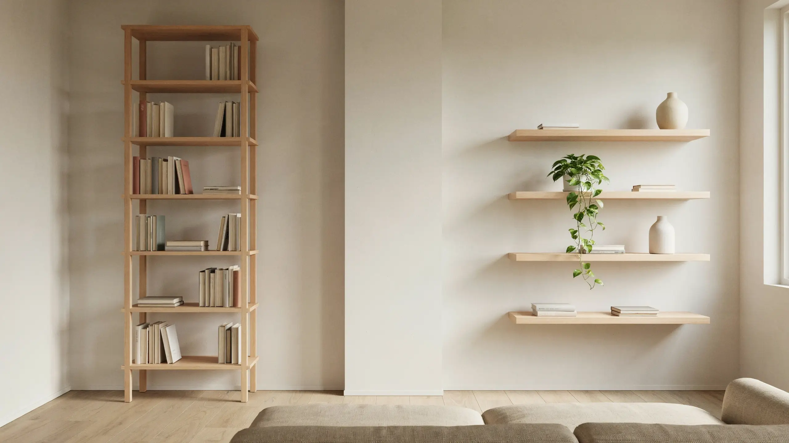 Tall open wooden bookcase and floating shelves displaying books, a trailing green pothos plant, and white ceramic vases in a minimalist beige living room.