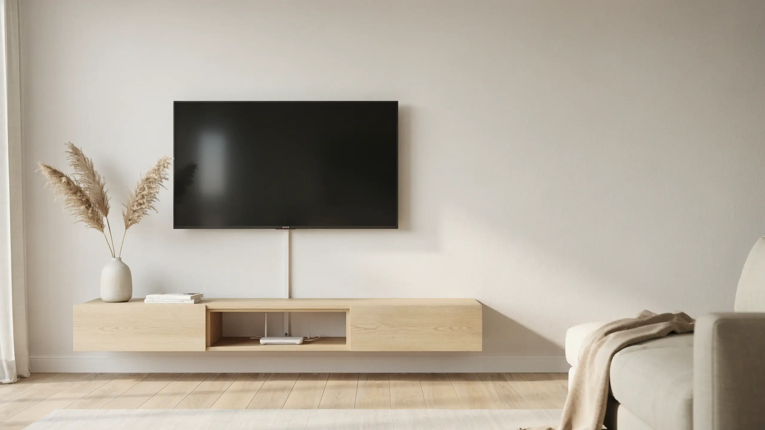 A minimalist living room with a wall-mounted flat-screen TV and successfully hidden cords, routed behind the drywall into a light oak floating media console containing a white Wi-Fi router, illustrating a clutter-free cable management setup.