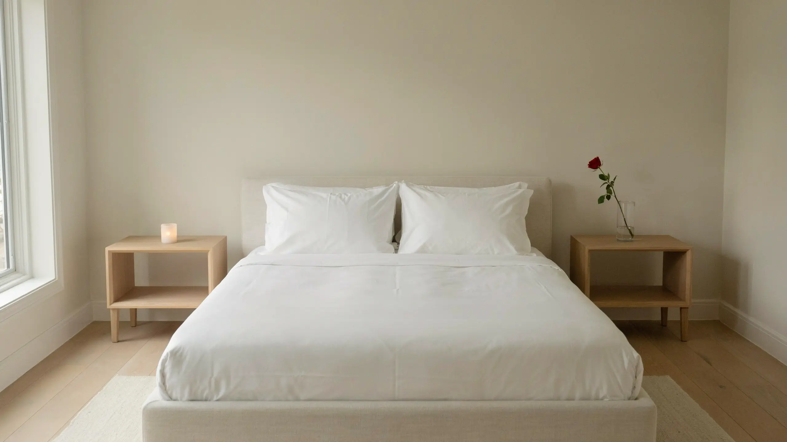 A minimalist white bed with matching pillows, flanked by light wood nightstands; one holds a lit candle, the other holds a single red rose in a glass vase, set against a neutral beige wall in a bright, serene interior.