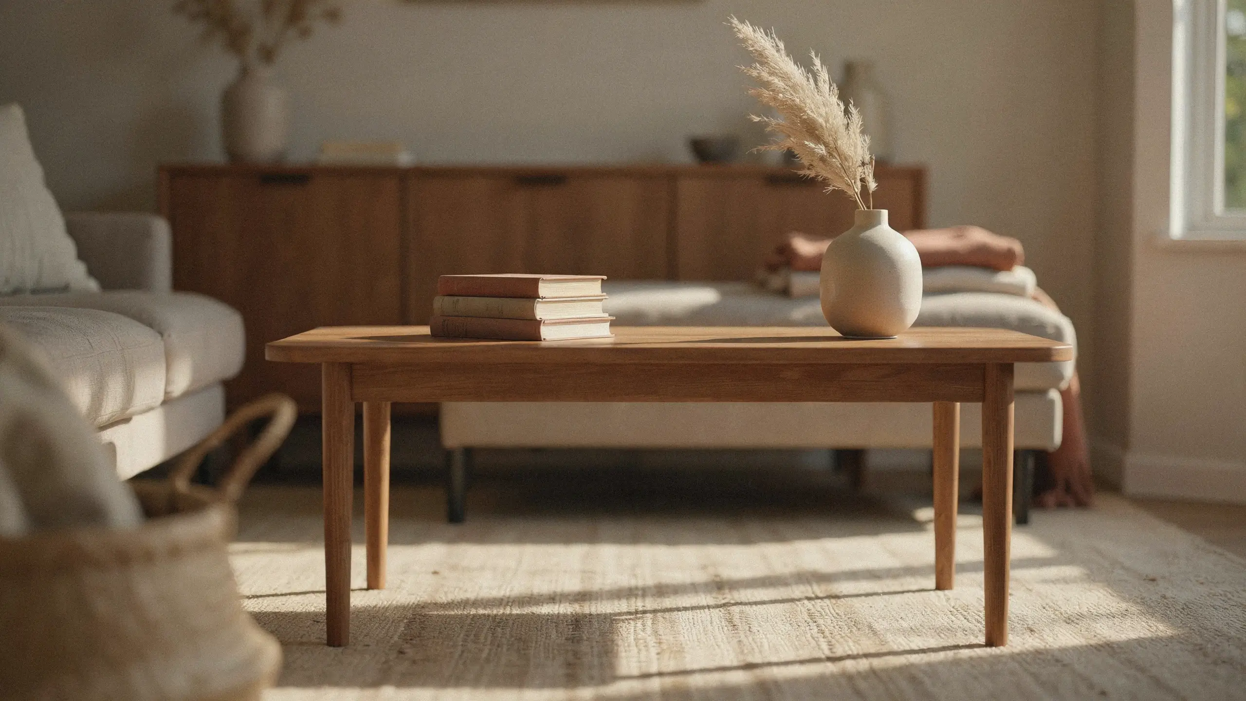 Minimalist wooden coffee table with stacked books and dried pampas grass in a white vase, styled in a warm, sunlit living room with clear surfaces.
