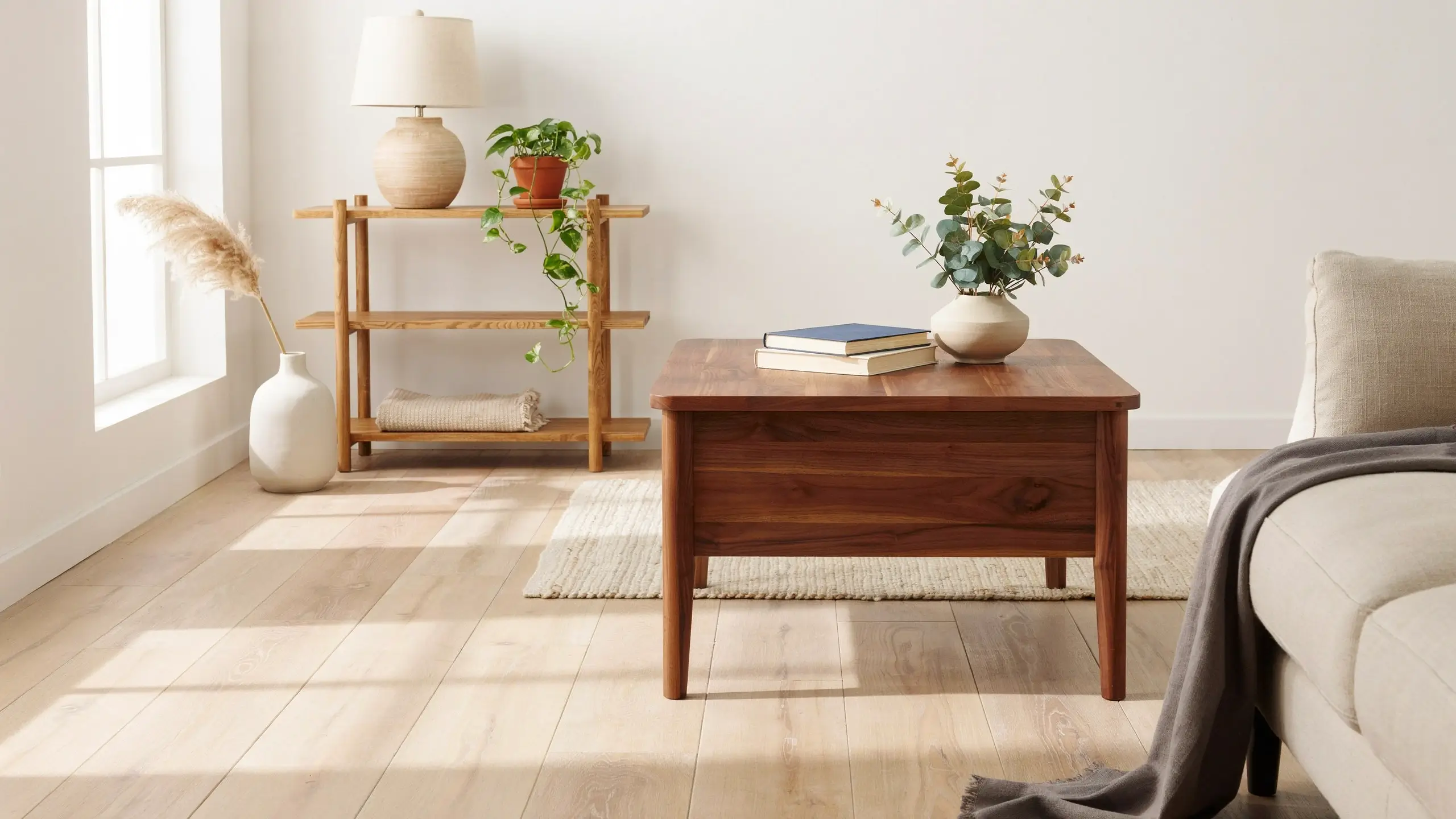 Bright, minimalist living room with a light oak two-tier open shelving unit featuring a potted trailing plant and a pale lamp, next to a contrasting dark walnut coffee table displaying stacked books and eucalyptus.